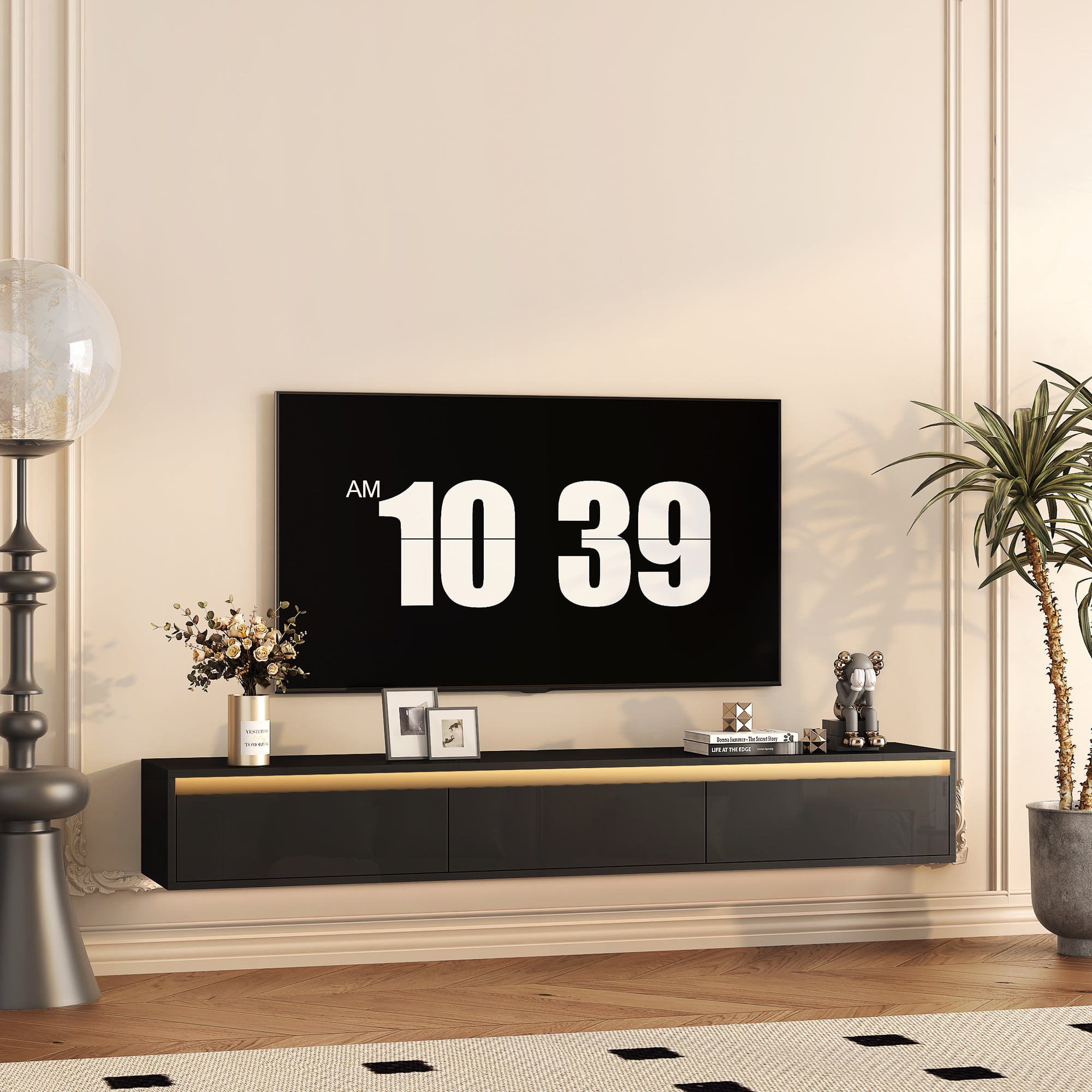 Aukfa Floating TV Stand for TVs up to 65" 70",Wall Mounted TV Shelf High Gloss TV Cabinet,Black