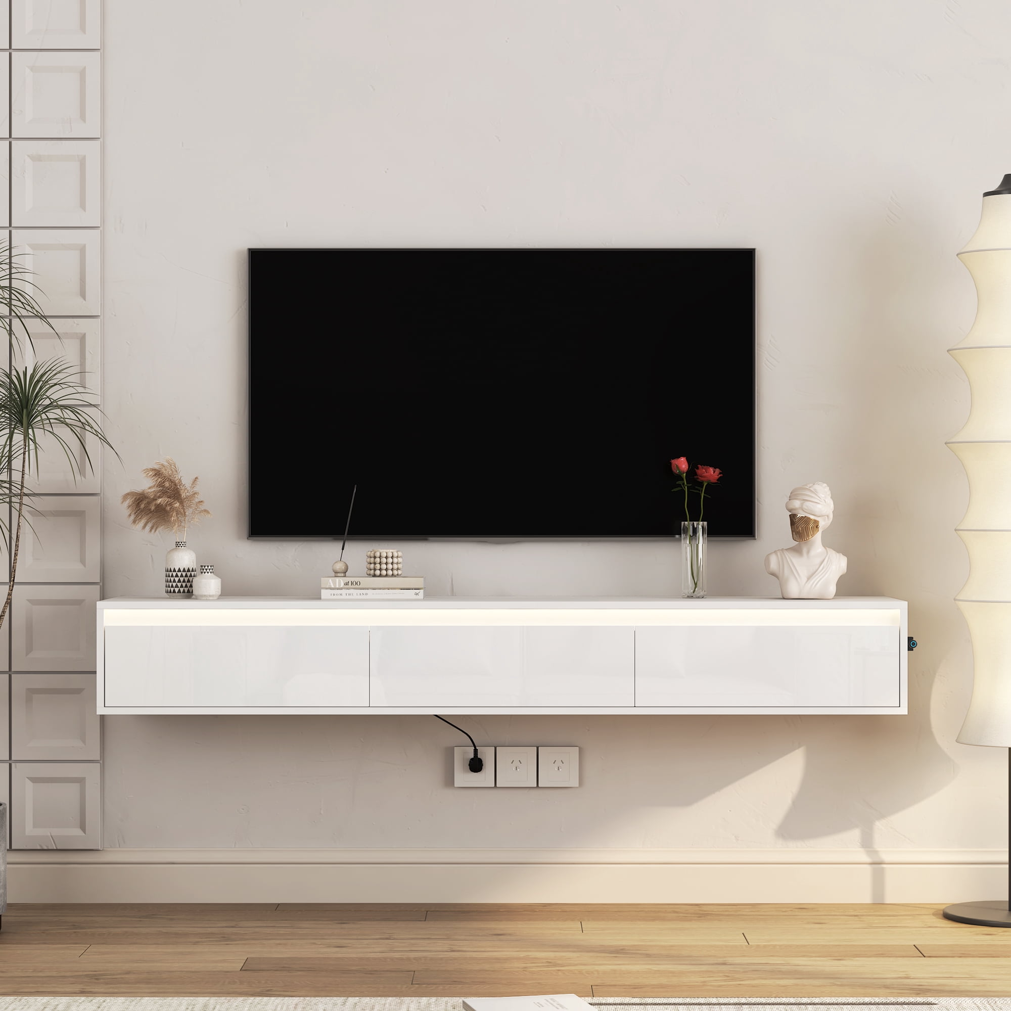 Aukfa Floating TV Stand for TVs up to 65" 70",Wall Mounted TV Shelf High Gloss TV Cabinet,White