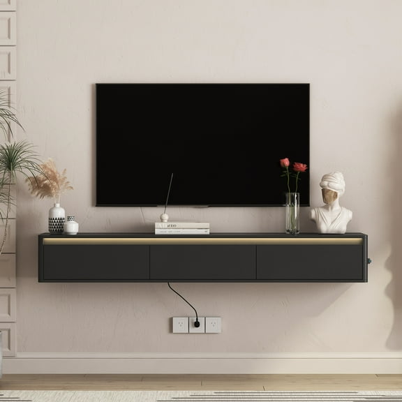 Aukfa Floating TV Stand for TVs up to 75",Wall Mounted TV Shelf High Gloss TV Cabinet with Led Lights & Power Outlet,Black