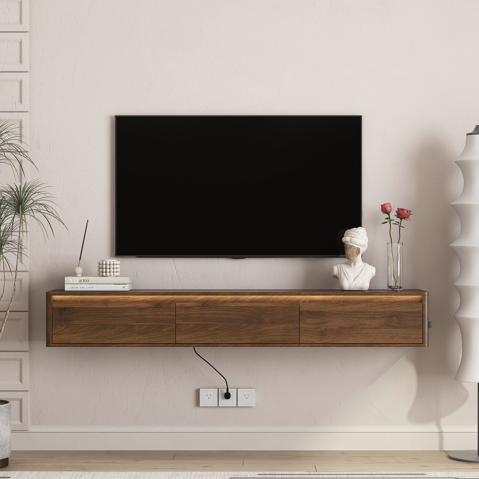 Aukfa Floating TV Stand for TVs up to 75",Wall Mounted TV Shelf High Gloss TV Cabinet with Led Lights & Power Outlet,Walnut