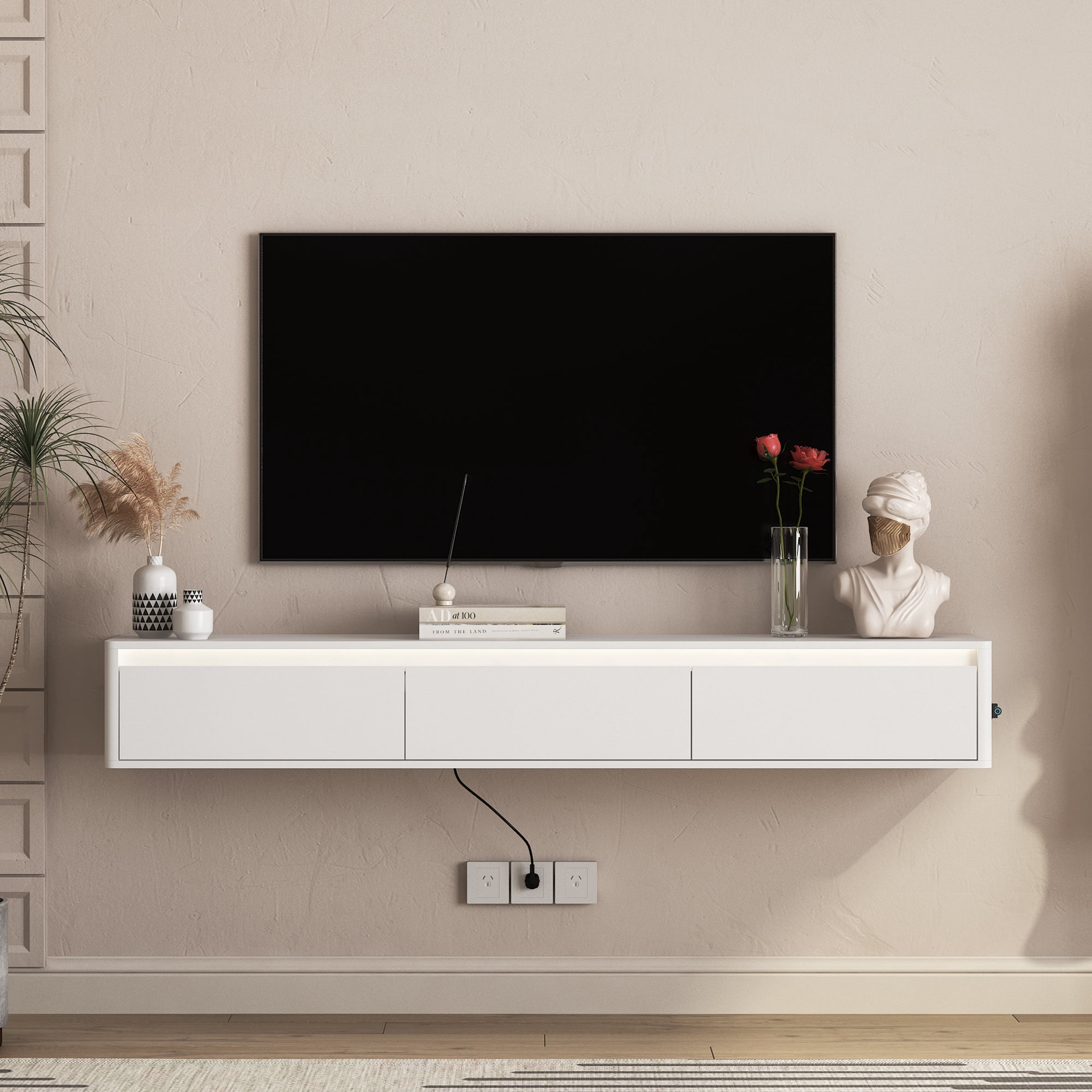Aukfa Floating TV Stand for TVs up to 75",Wall Mounted TV Shelf High Gloss TV Cabinet with Led Lights & Power Outlet,White