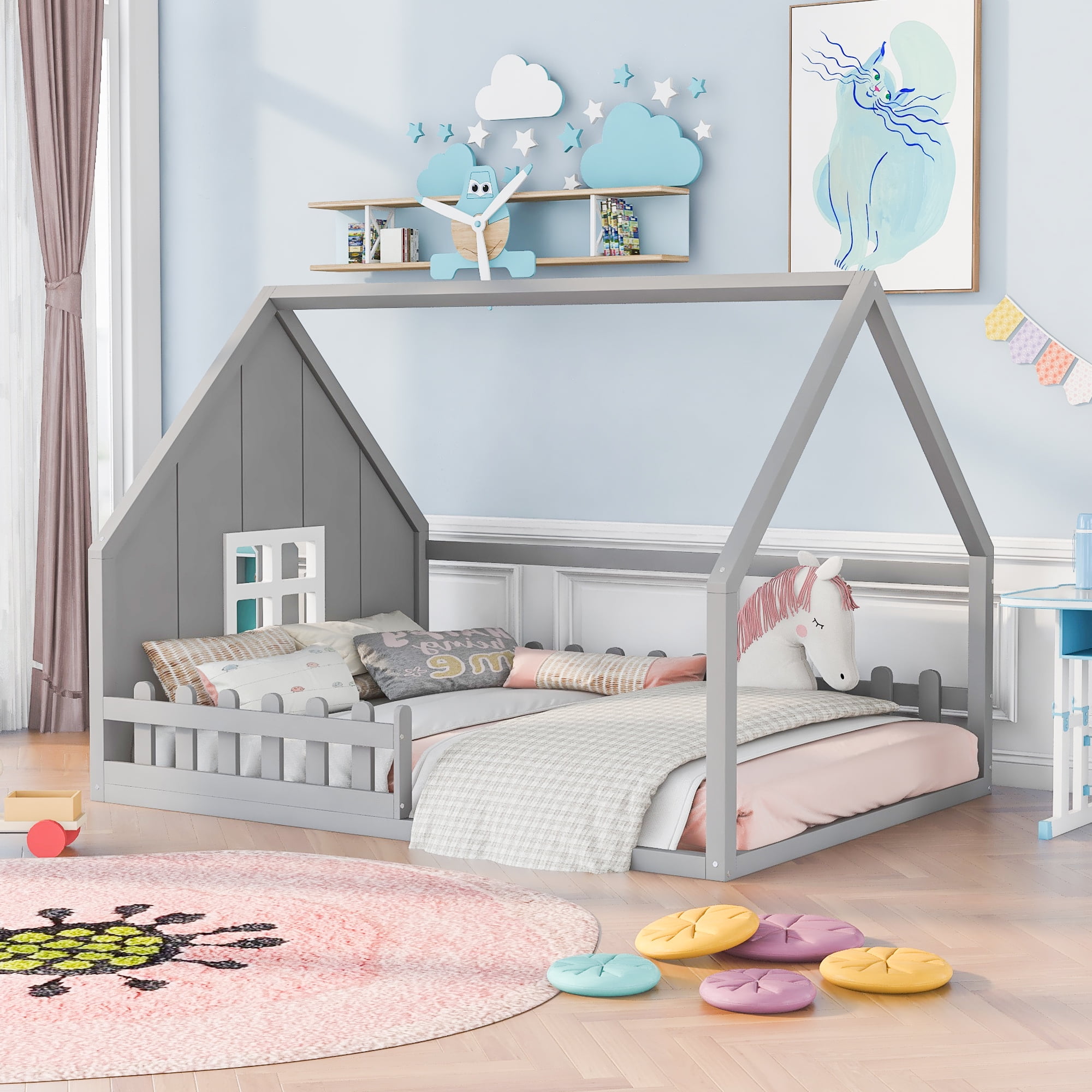 Aukfa Floor House Bed for Kids, Wood Full Bed with Fence, Gray ...