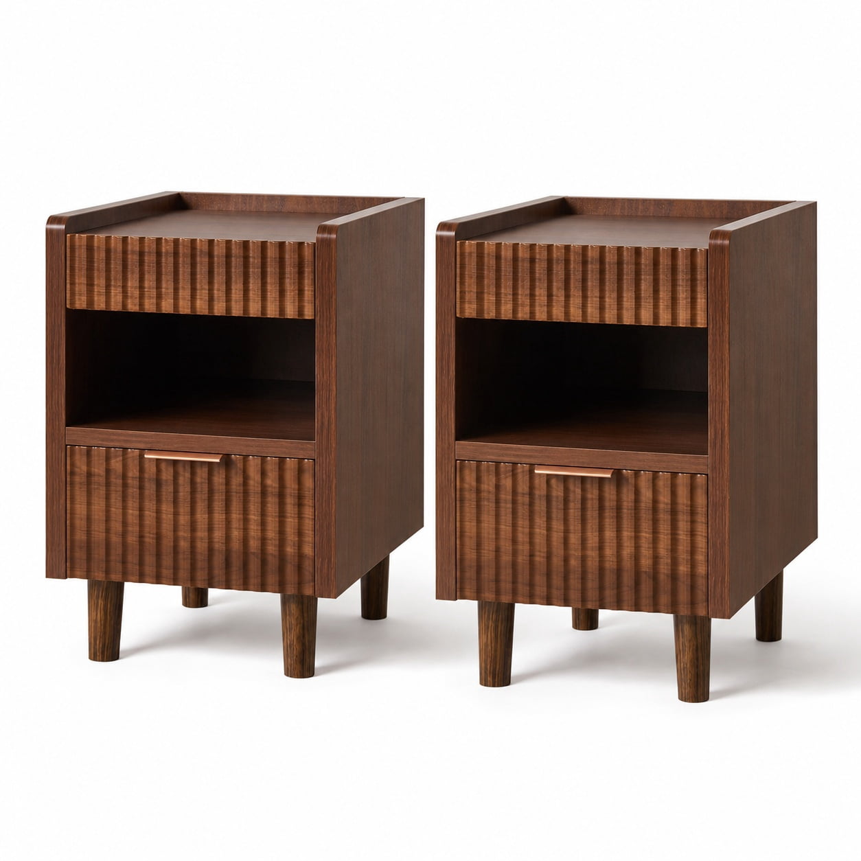 Aukfa Fluted Nightstands Set of 2,Bedside Tables End Tables with Drawer for Bedroom,Walnut