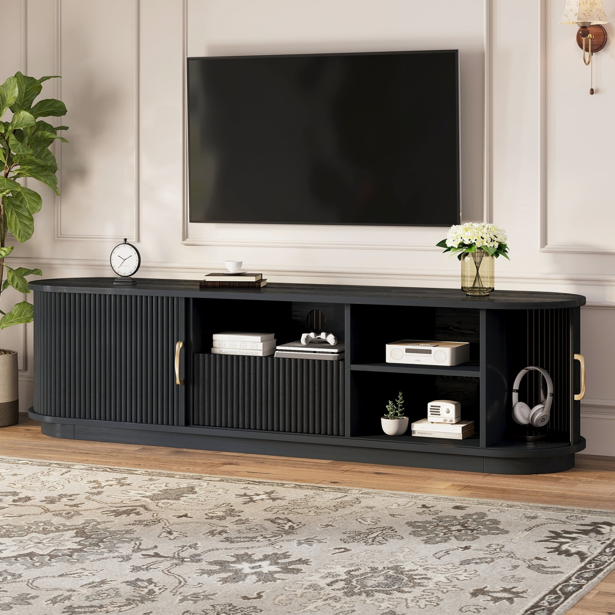 Aukfa Fluted TV Stand for TVs up to 75", Wood Entertainment Center with Sliding Doors for Living Room,Black