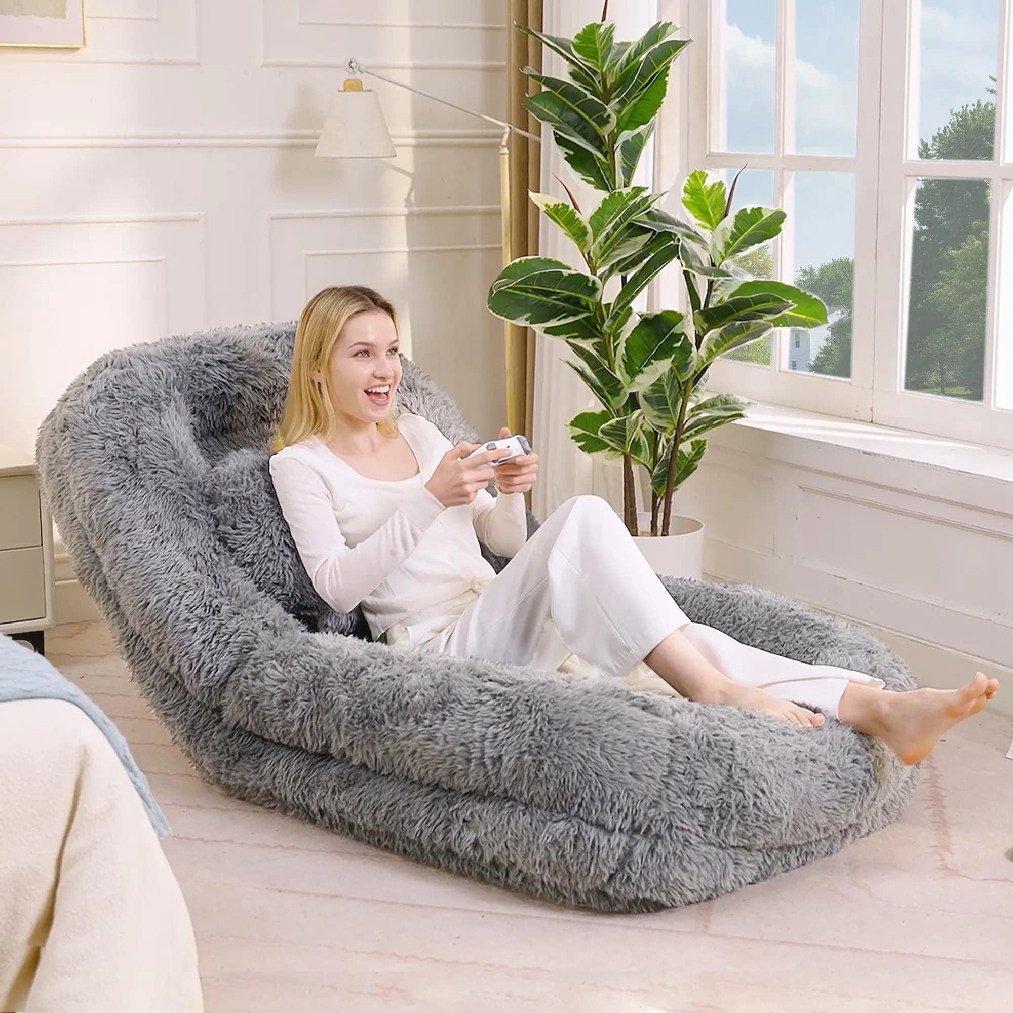 Aukfa Fold Lazy Sofa Bed, Floor Chair Small Couch with 5 Adjustable for Living Room, Plush Fabric,Gray