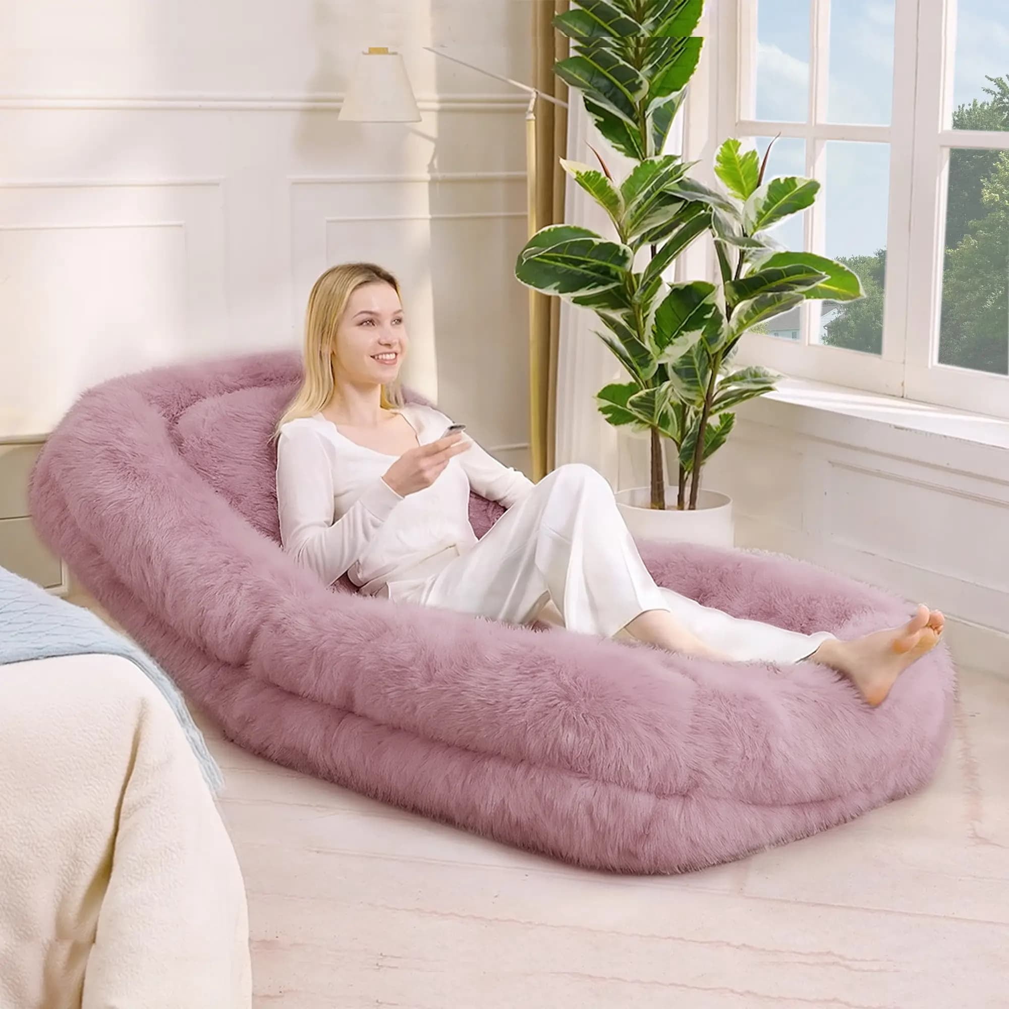 Aukfa Fold Lazy Sofa Bed, Floor Chair Small Couch with 5 Adjustable for Living Room, Plush Fabric,Pink