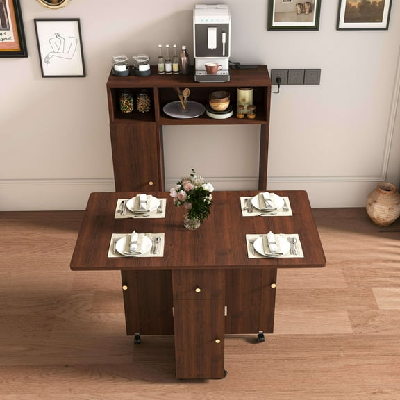 Aukfa Folding Dining Table for 4, Kitchen Extendable Table with Wall-Mounted Sideboard & Power Outlet for Small Apartments,Walnut