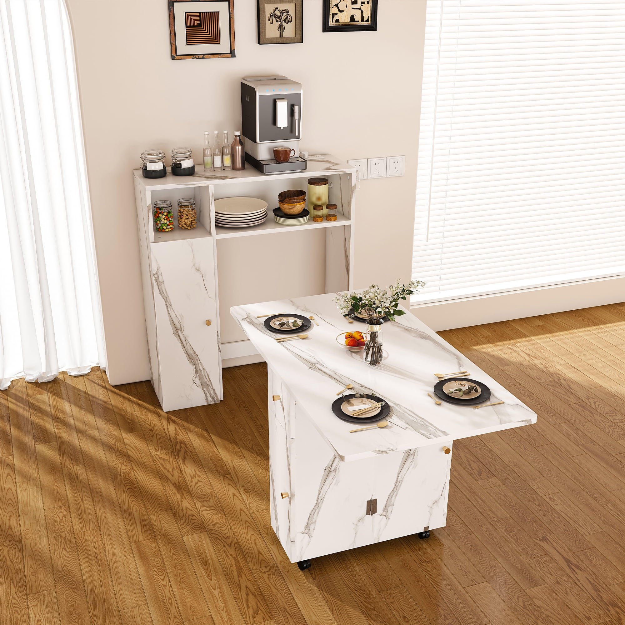 Aukfa Folding Dining Table for 4, Kitchen Extendable Table with Wall-Mounted Sideboard & Power Outlet for Small Apartments,White