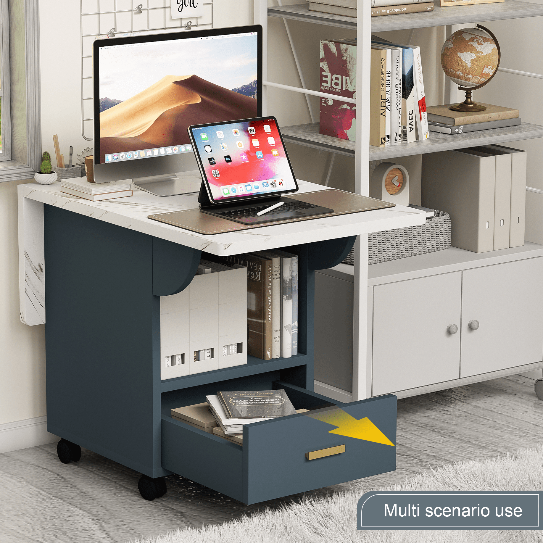 Aukfa Folding Dining Table with Storage Rack,Extension Dinner Table Kitchen Bedroom Dining Room,Gray