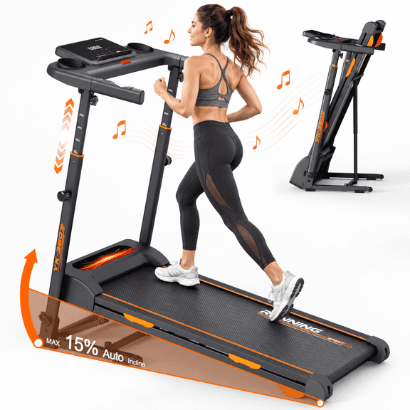 Aukfa Folding Treadmill for Home, 15-Level Auto Incline, 3.5 HP Walking & Running Machine, APP, 300 lb Capacity, Black