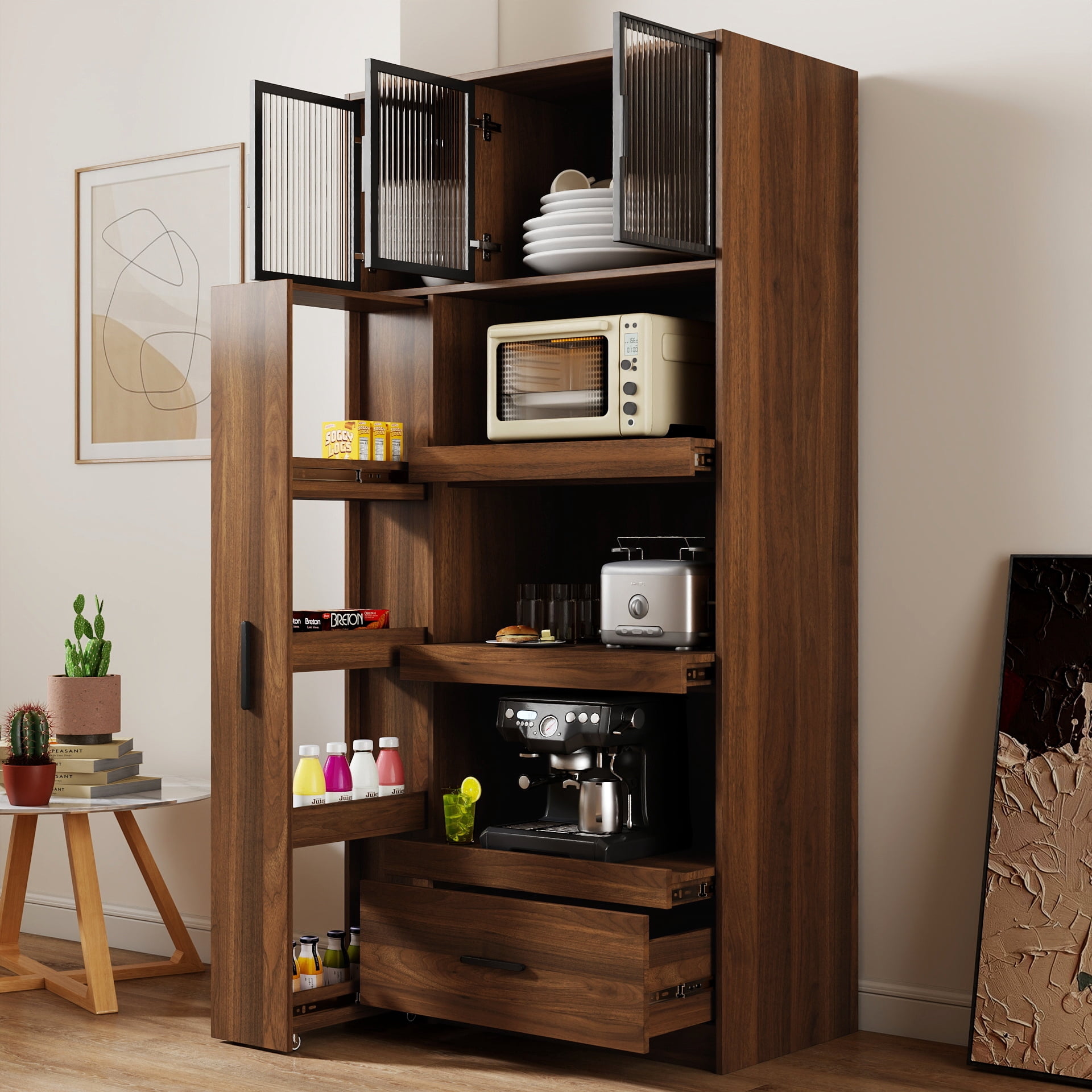 Aukfa Freestanding Pantry Storage Cabinet, Kitchen Pantry Organizer, Buffet Sideboard, Microwave Stand for Kitchen/Dining Room/Living Room,Walnut