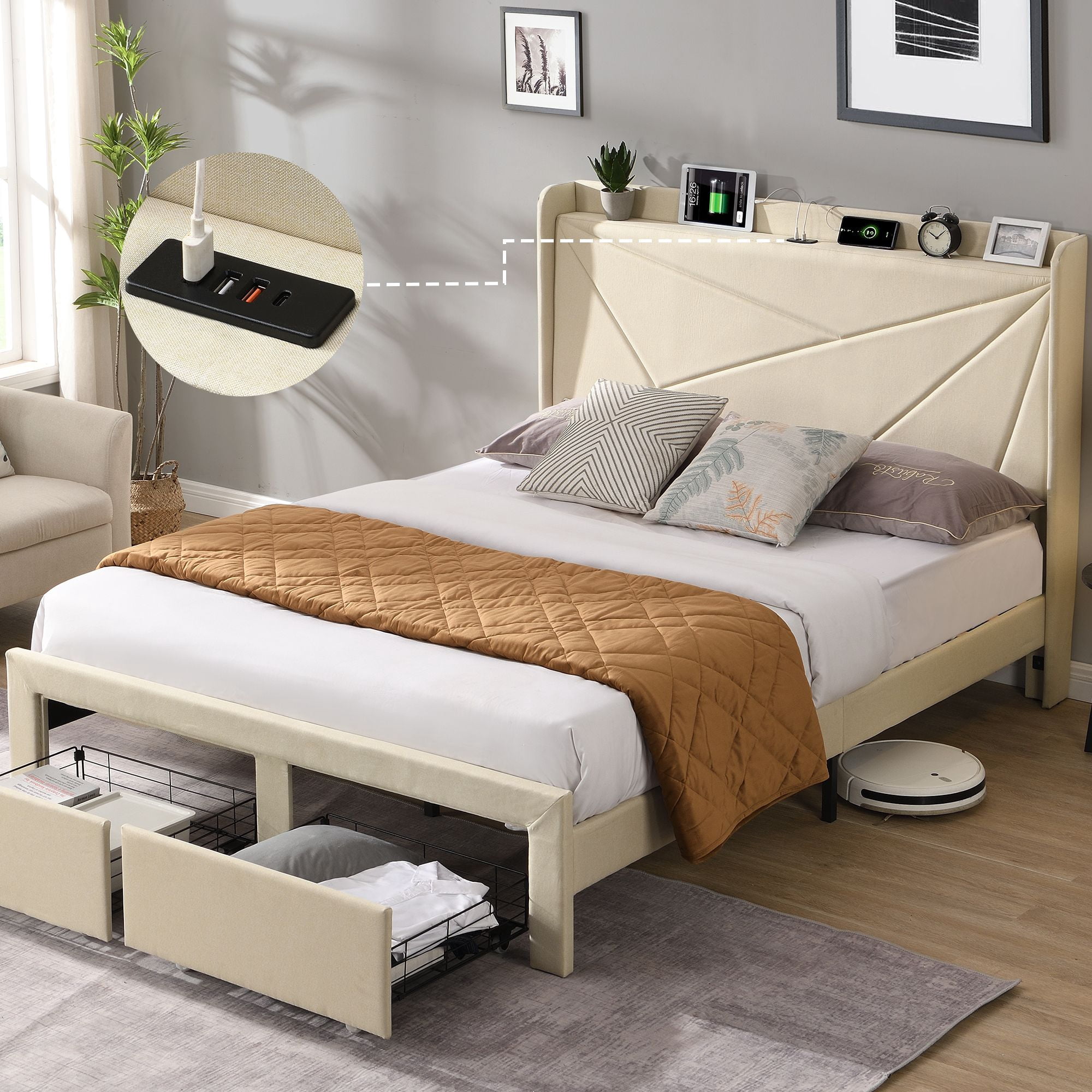 Aukfa Full Bed Frame with 2 Storage Drawers and USB Ports , Upholstered Platform Bed with Storage Shelf Headboard, Beige