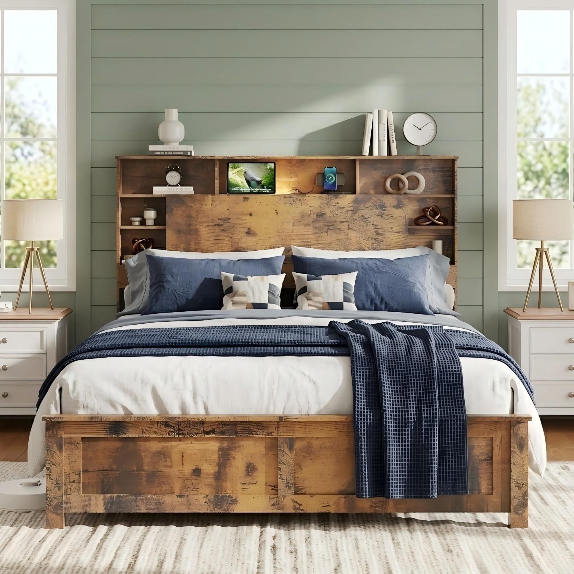 Aukfa Full Bed Frame with Charging Station, Storage Headboard & LED Lights, Farmhouse Wood Platform Bed, Brown