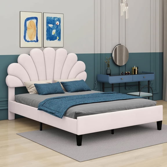 Aukfa Full Bed Frame with Flower Upholstered Headboard, Wood Slats Support, Beige