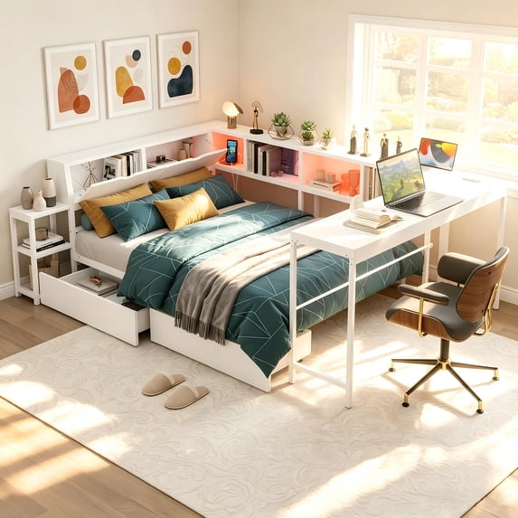 Aukfa Full Corner Bed Frame with Desk, 2 Storage Drawers, Bookcase ...