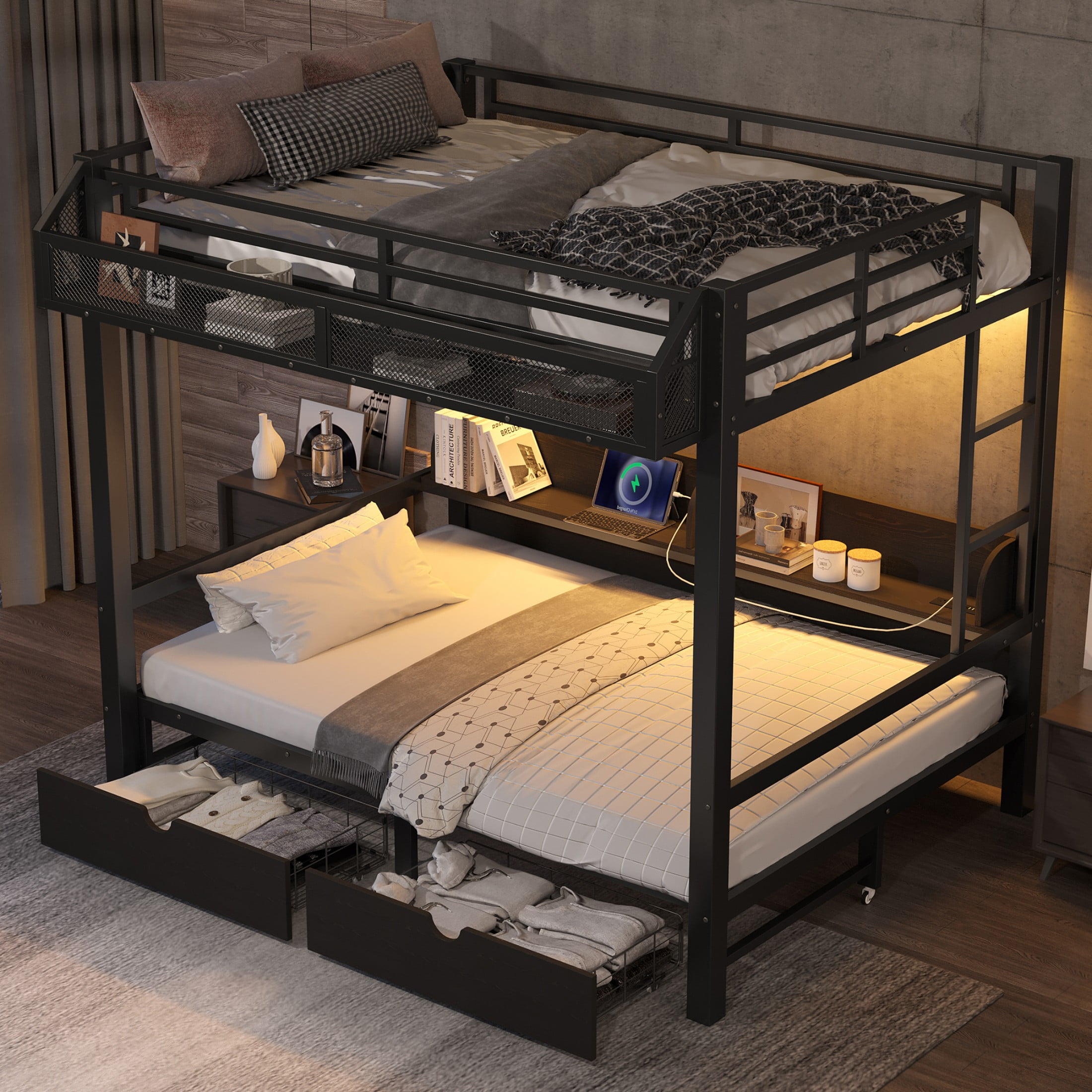 Aukfa Full over Full Metal Bunk Bed with Storage Drawers, Shelves, USB Ports & LED Lights, Convertible Bottom Sofa Bed, Heavy-Duty Bed Frame for Kids Teens Adults, Black