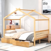 Aukfa Full House Bed with Storage Drawers, Wood Montessori Bed - Oak