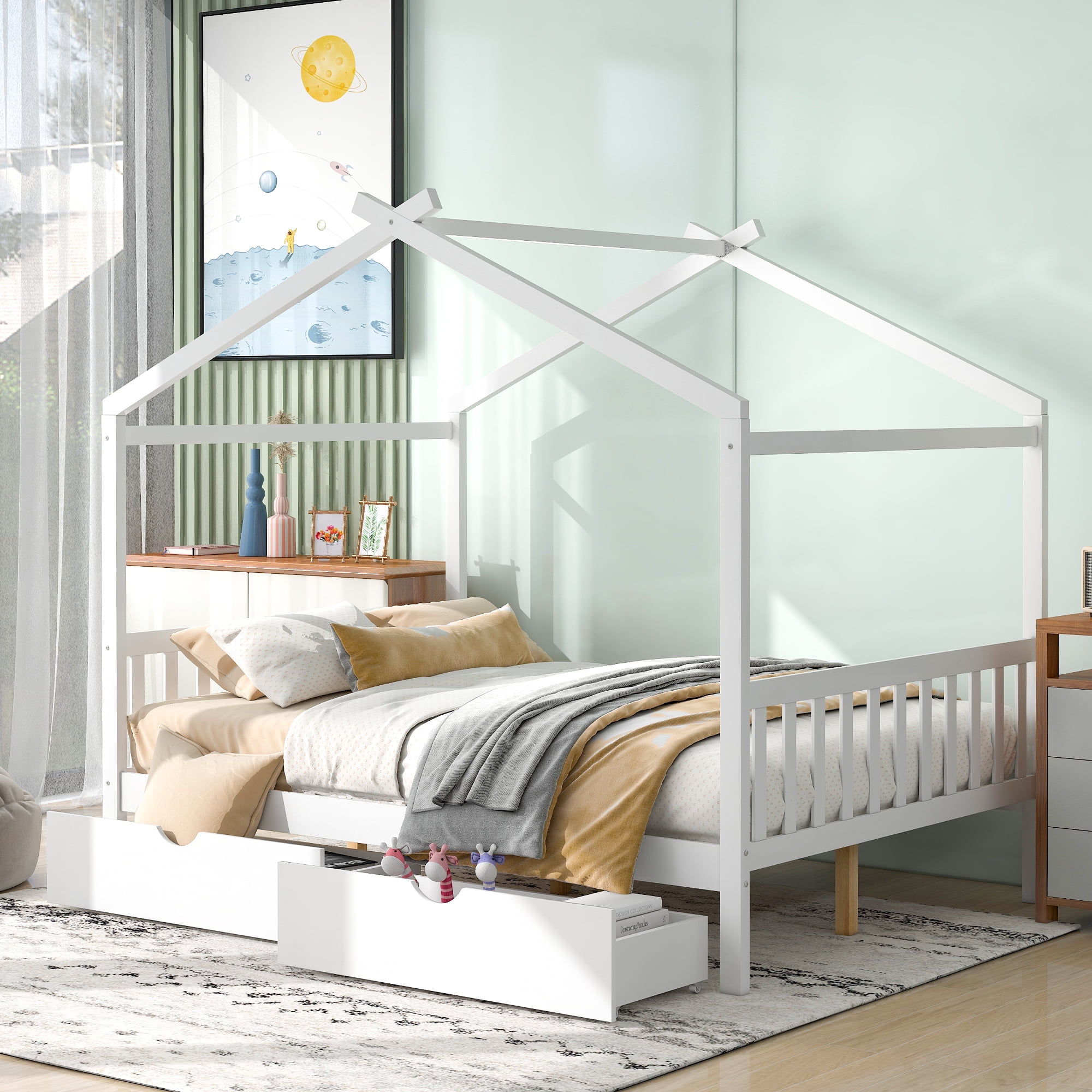 Aukfa Full House Bed with Storage Drawers, Wood Montessori Bed - White