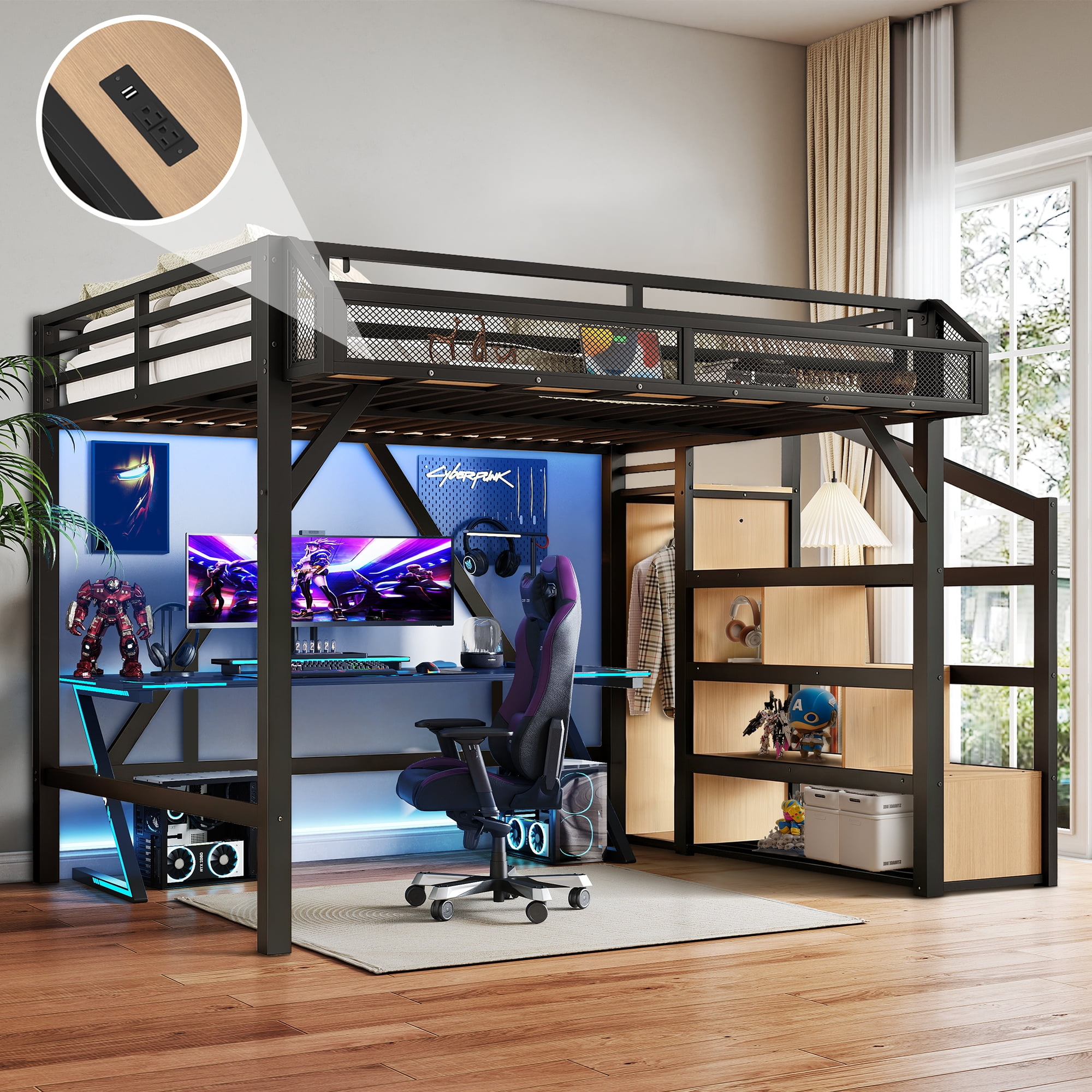 Aukfa Full Metal Loft Bed with Storage Stairs, Shelves, Wardrobe