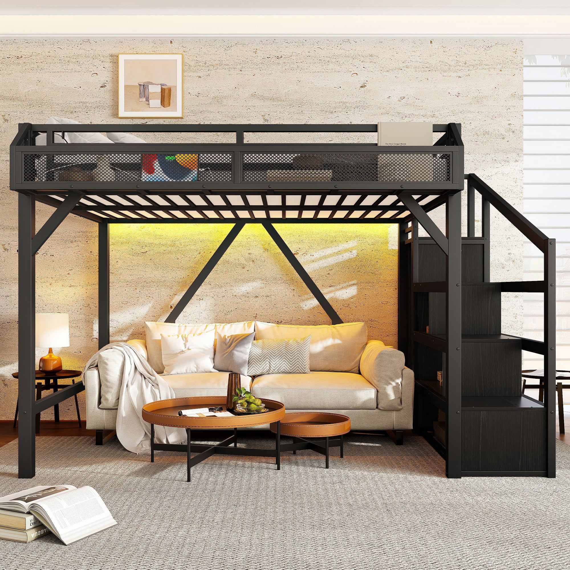 Aukfa Full Metal Loft Bed with Wardrobe, Shelves, USB Ports & LED Lights, Stairs, Space-Saving Bed Frame for Adults & Kids, Black