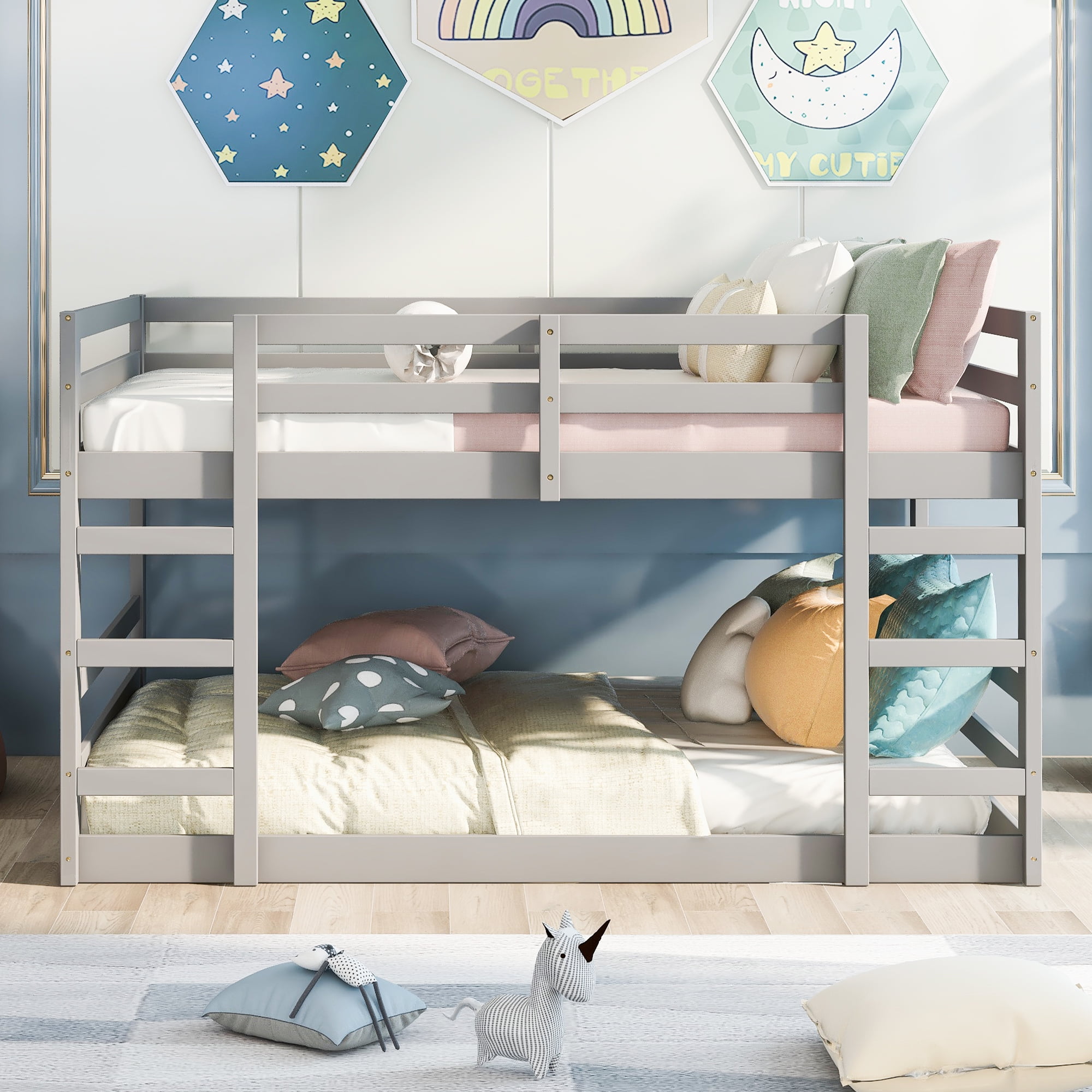 Aukfa Full Over Full Bunk Bed, Solid Wood Low Bunk Bed, Gray