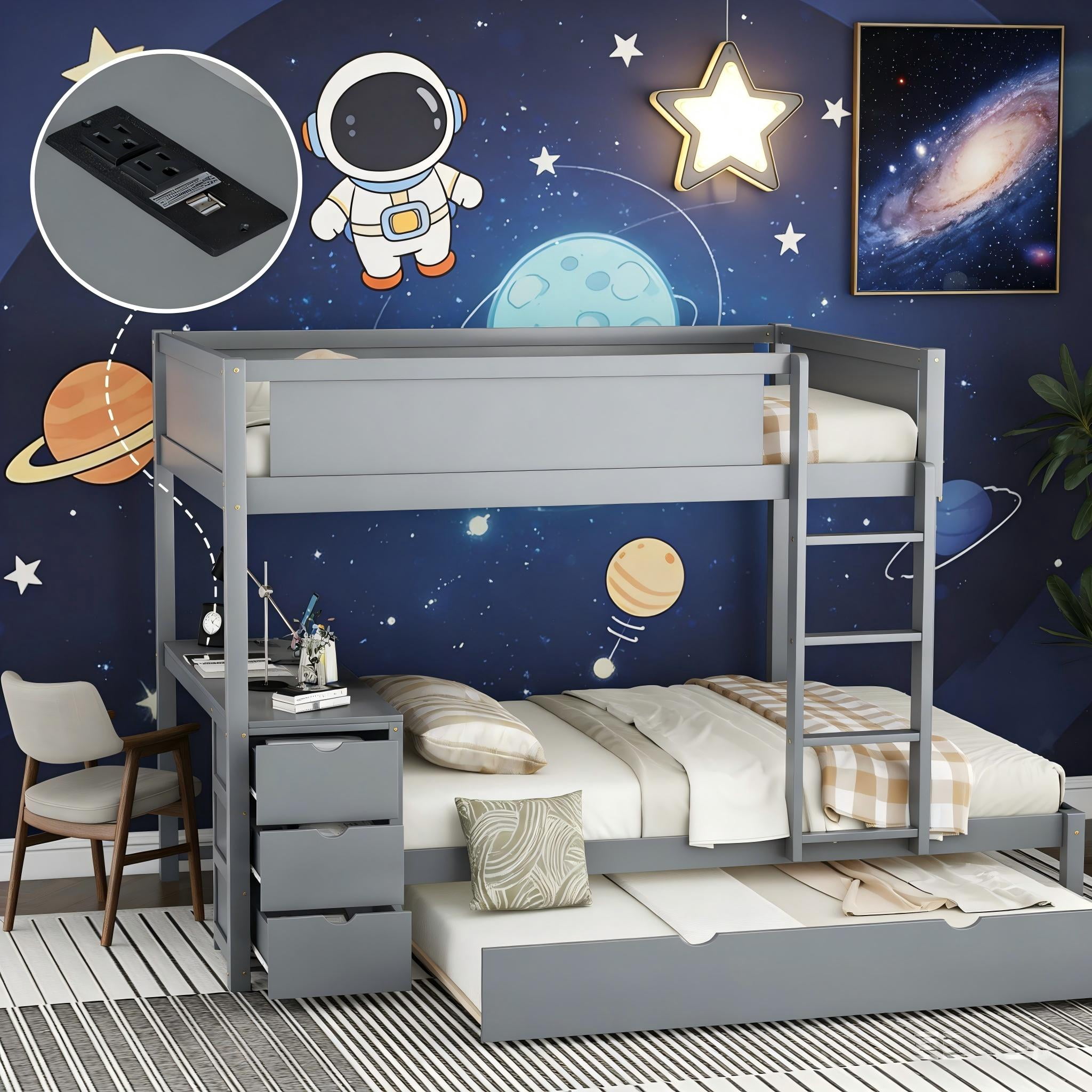 Aukfa Full Over Full Bunk Bed with Trundle and USB Charging Station, Wood Bed Frame with Build-in Desk&Storage Drawers for Kids Bedroom, Gray