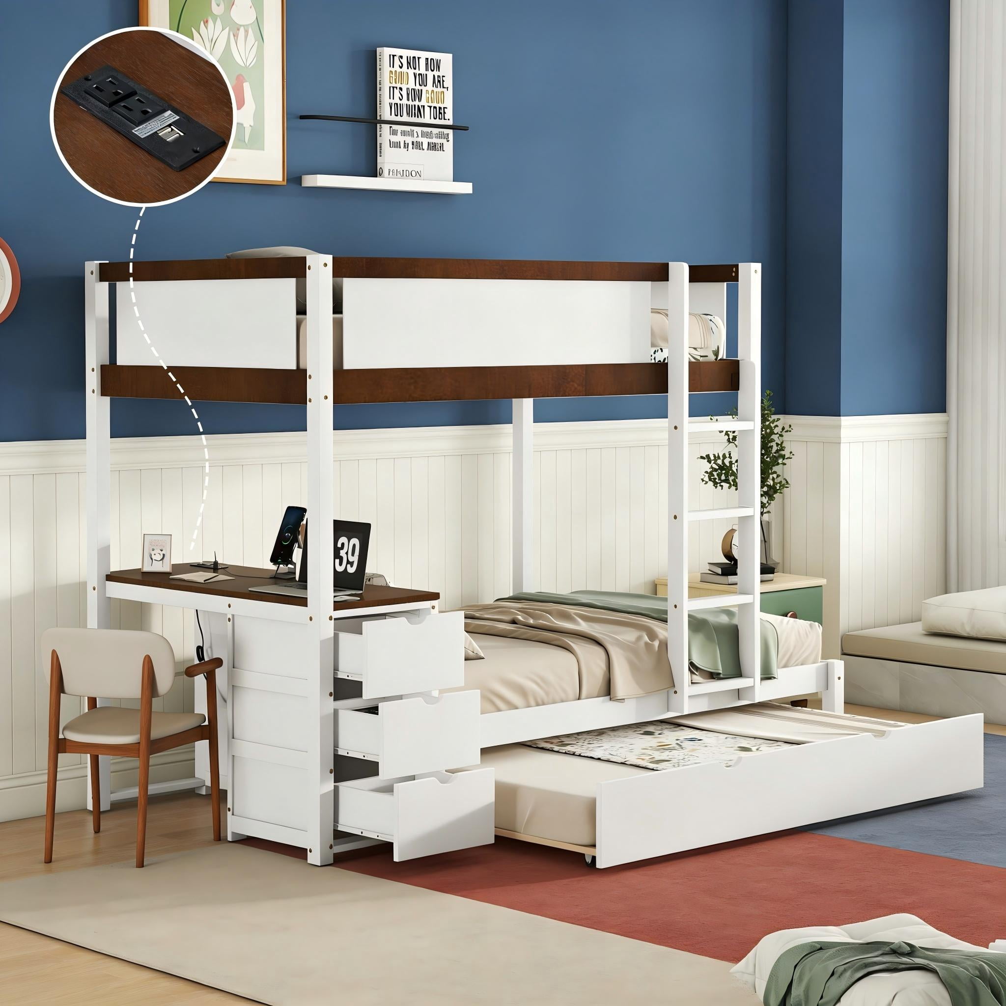 Aukfa Full Over Full Bunk Bed with Trundle and USB Charging Station, Wood Bed Frame with Build-in Desk&Storage Drawers for Kids Bedroom, White/Walnut