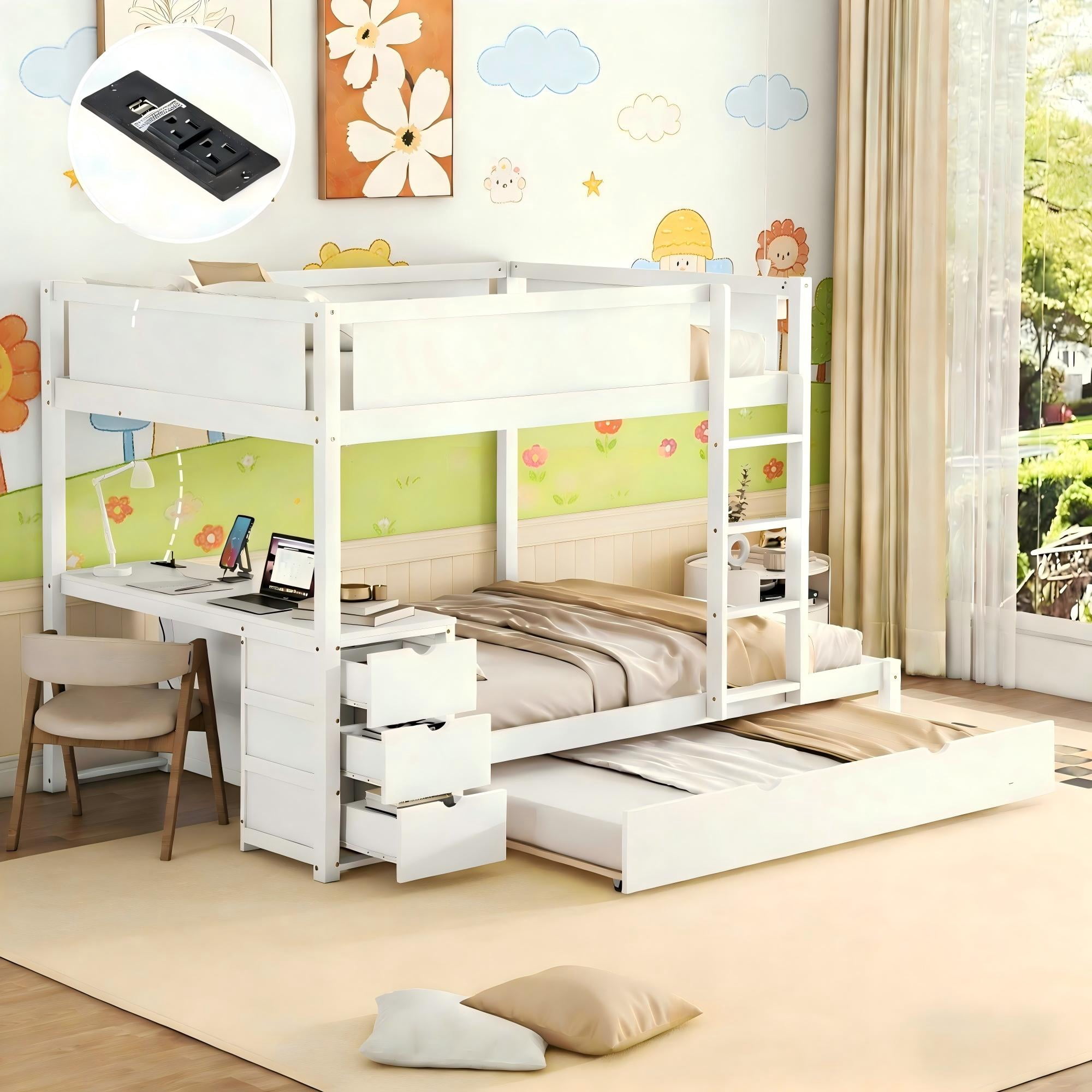 Aukfa Full Over Full Bunk Bed with Trundle and USB Charging Station, Wood Bed Frame with Build-in Desk&Storage Drawers for Kids Bedroom, White