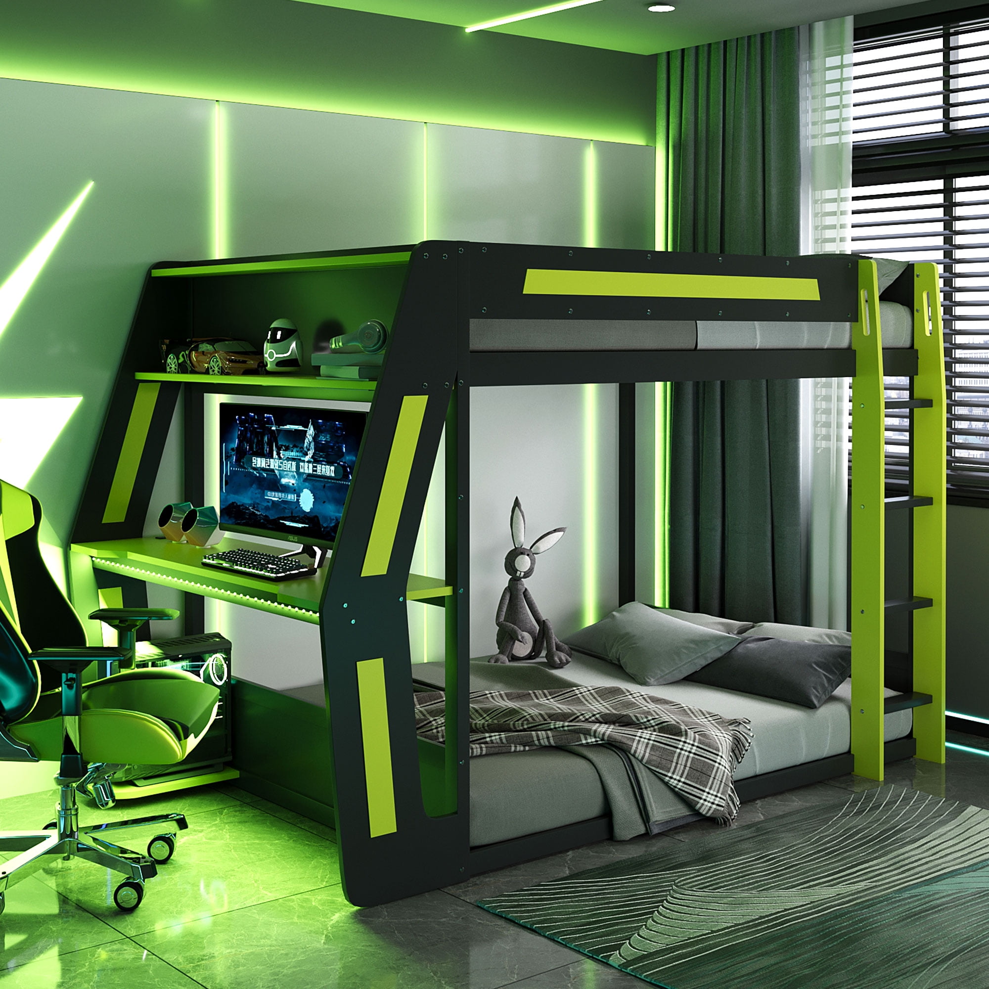 Aukfa Full Over Full Gaming Bunk Bed with Desk, USB Charging Station & LED Lights, Heavy-Duty Wood Esports Loft Bed Frame, Green
