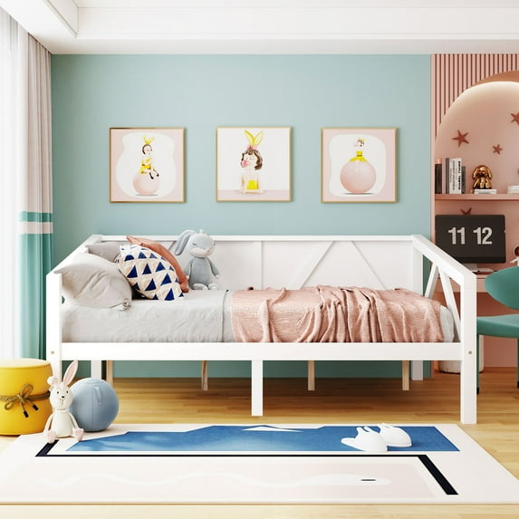 Aukfa Full Size Bed Frame, Solid Wood Daybed with Slat Support for Kids Boys Girls, White
