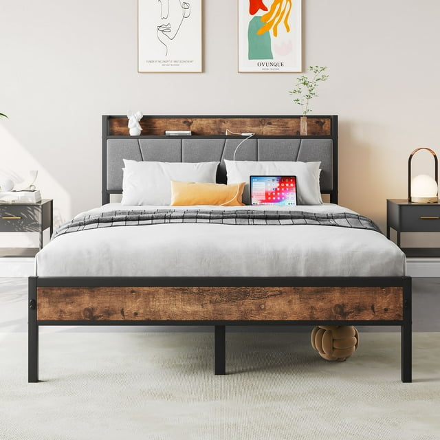 Aukfa Full Size Bed Frame with 2-Tier Storage Headboard Shelf and Charging Station, Brown