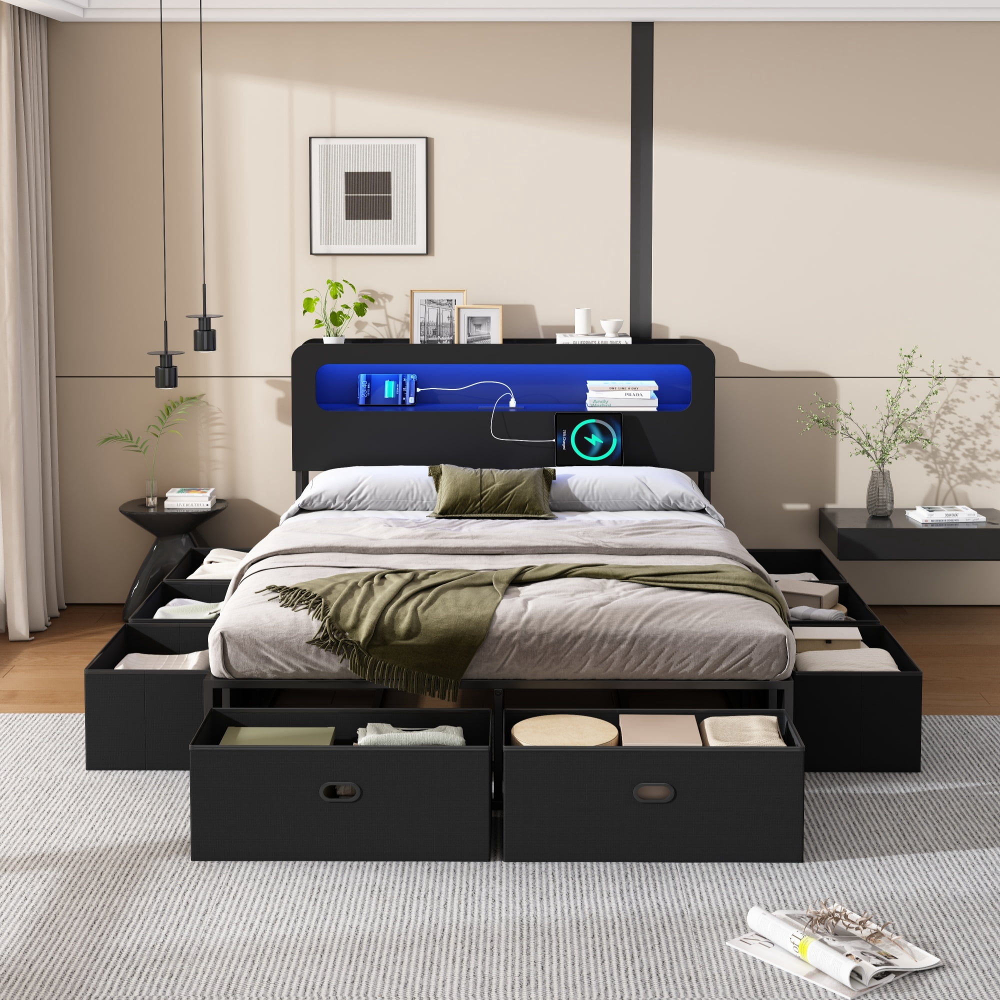 Aukfa Full Size Bed Frame with 8 Fabric Storage Drawers, LED Light Headboard with App Control, Charging Station, Metal Platform Bed, Black