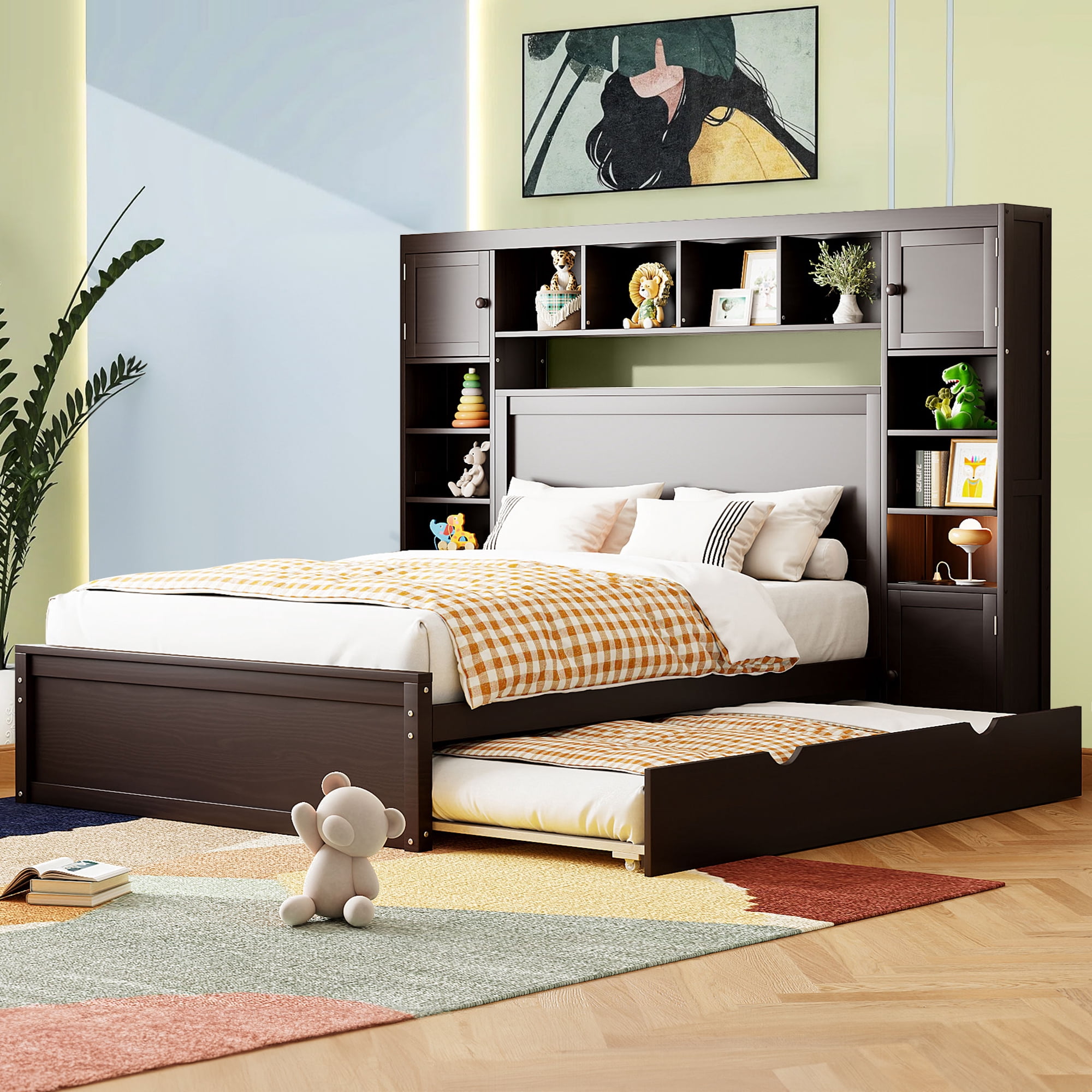 Aukfa Full Size Bed Frame with Trundle & Storage Capacity - Walmart.com