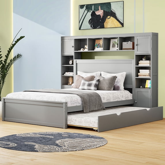 Aukfa Full Size Bed Frame with All-in-One Cabinet and Shelves, Wooden ...