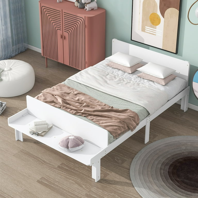 Aukfa Full Size Bed Frame with Footboard Bench Wood Platform Bed for Kids White Walmart