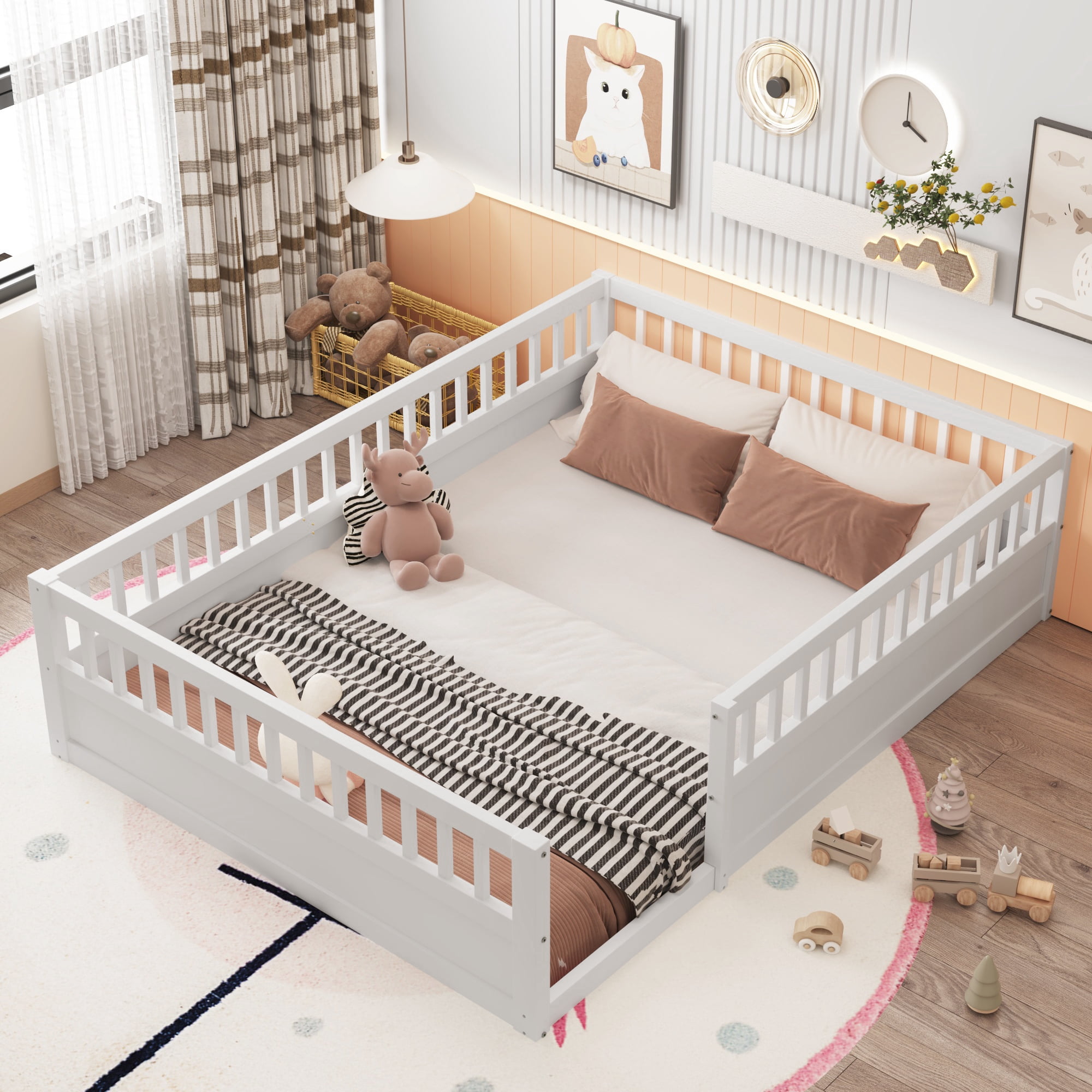 Aukfa Full Size Bed Frame with High Fence, Wood Montessori Floor Bed for Kids Toddler, White