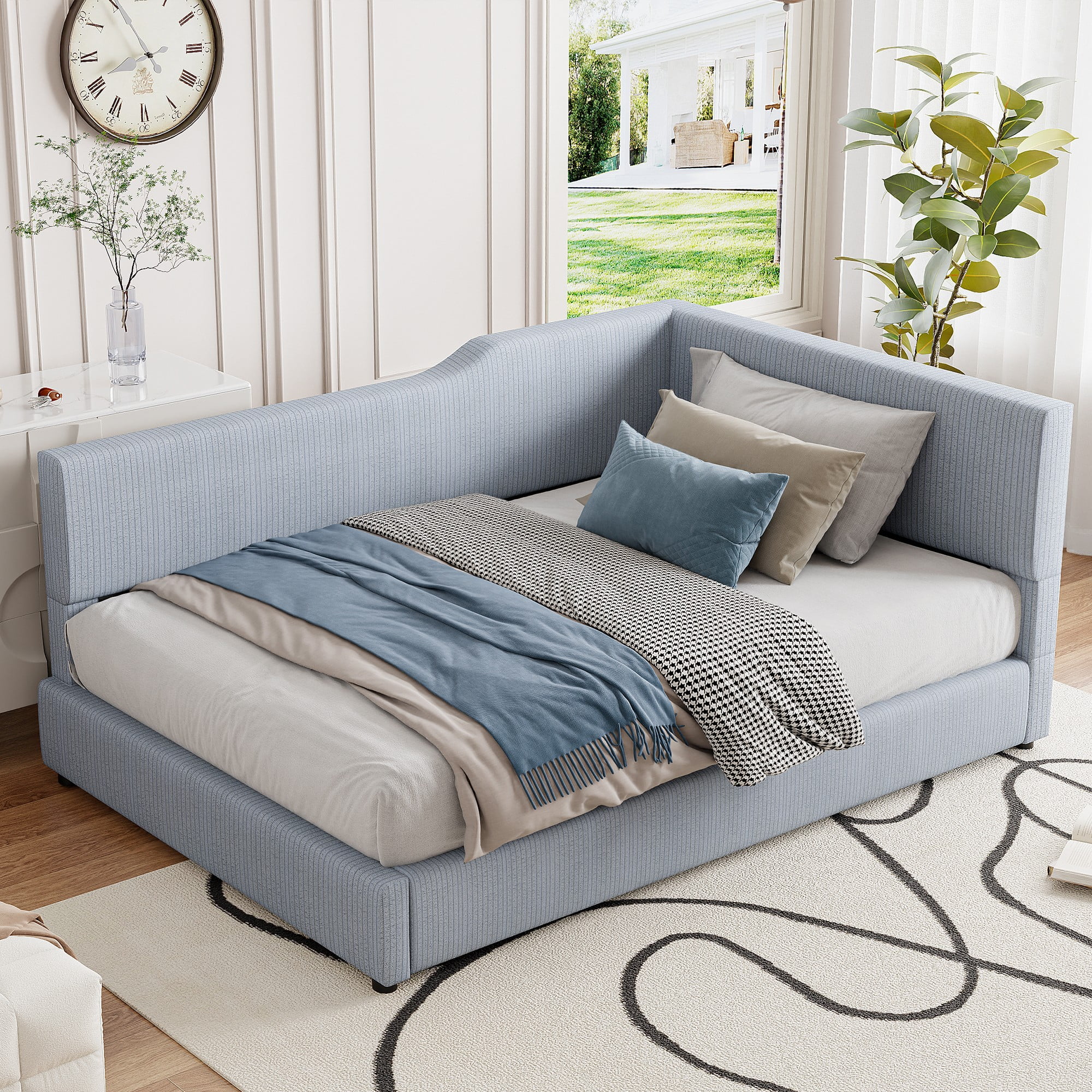 Aukfa Full Size Daybed, L-Shaped Corduroy Upholstered Bed Frame, Gray