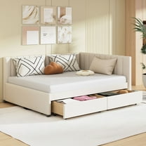 Aukfa Full Size Daybed with Two Storage Drawers, Upholstered Sofa Bed Frame, Beige