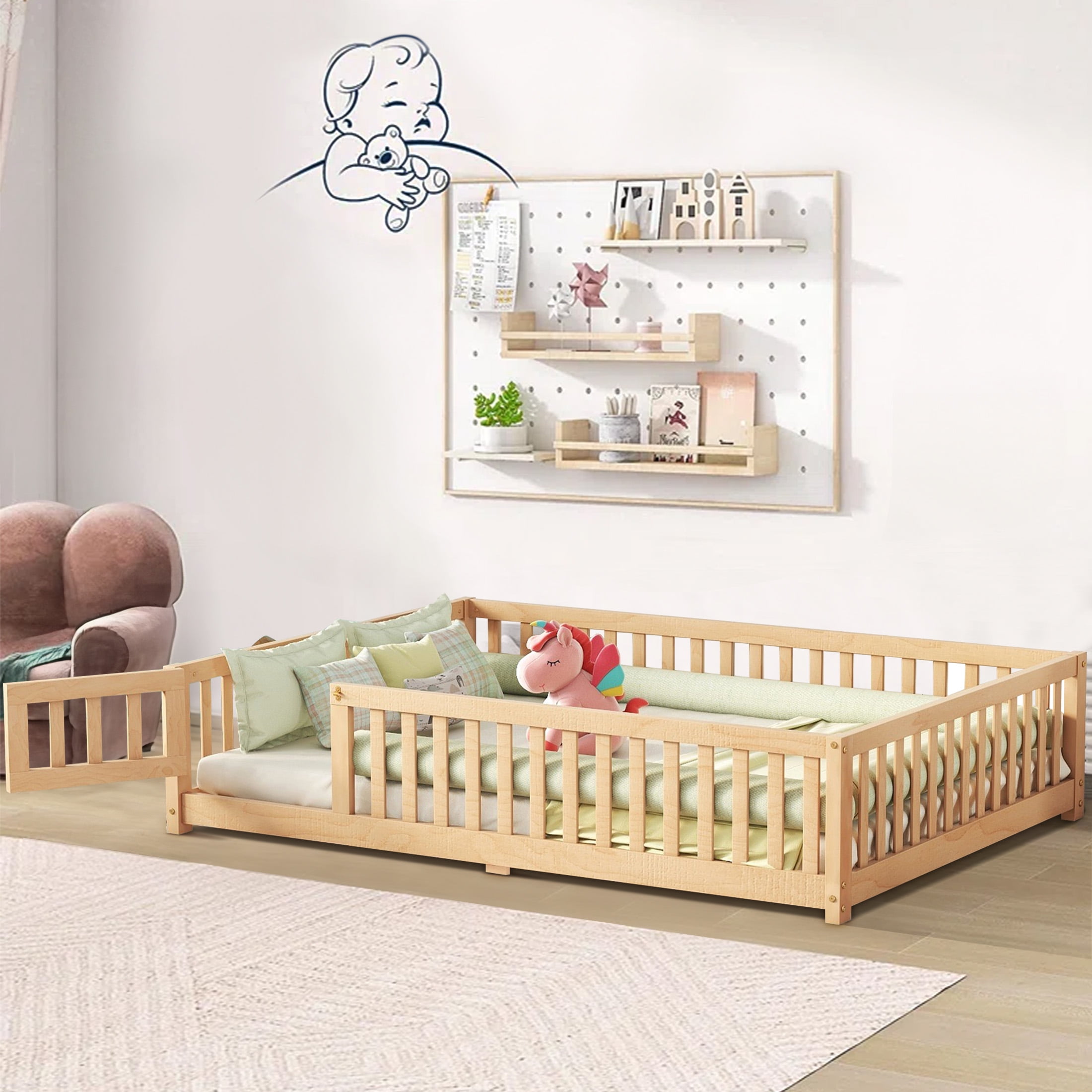 Aukfa Full Size Floor Bed for Kids Children, Wood Montessori Bed Frame with Safety Guardrails and Door, Natural