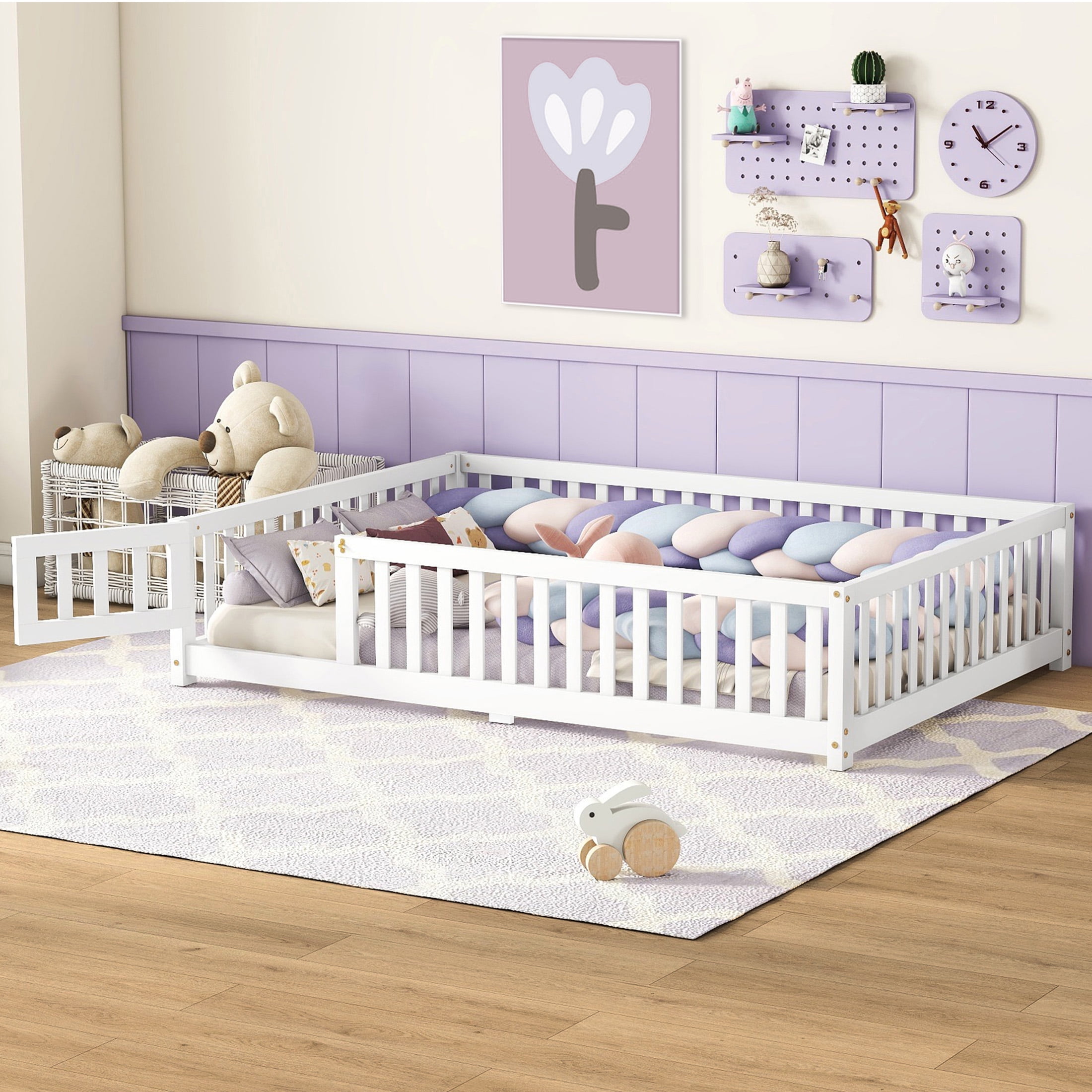 Aukfa Full Size Floor Bed for Kids Children, Wood Montessori Bed Frame with Safety Guardrails and Door, White