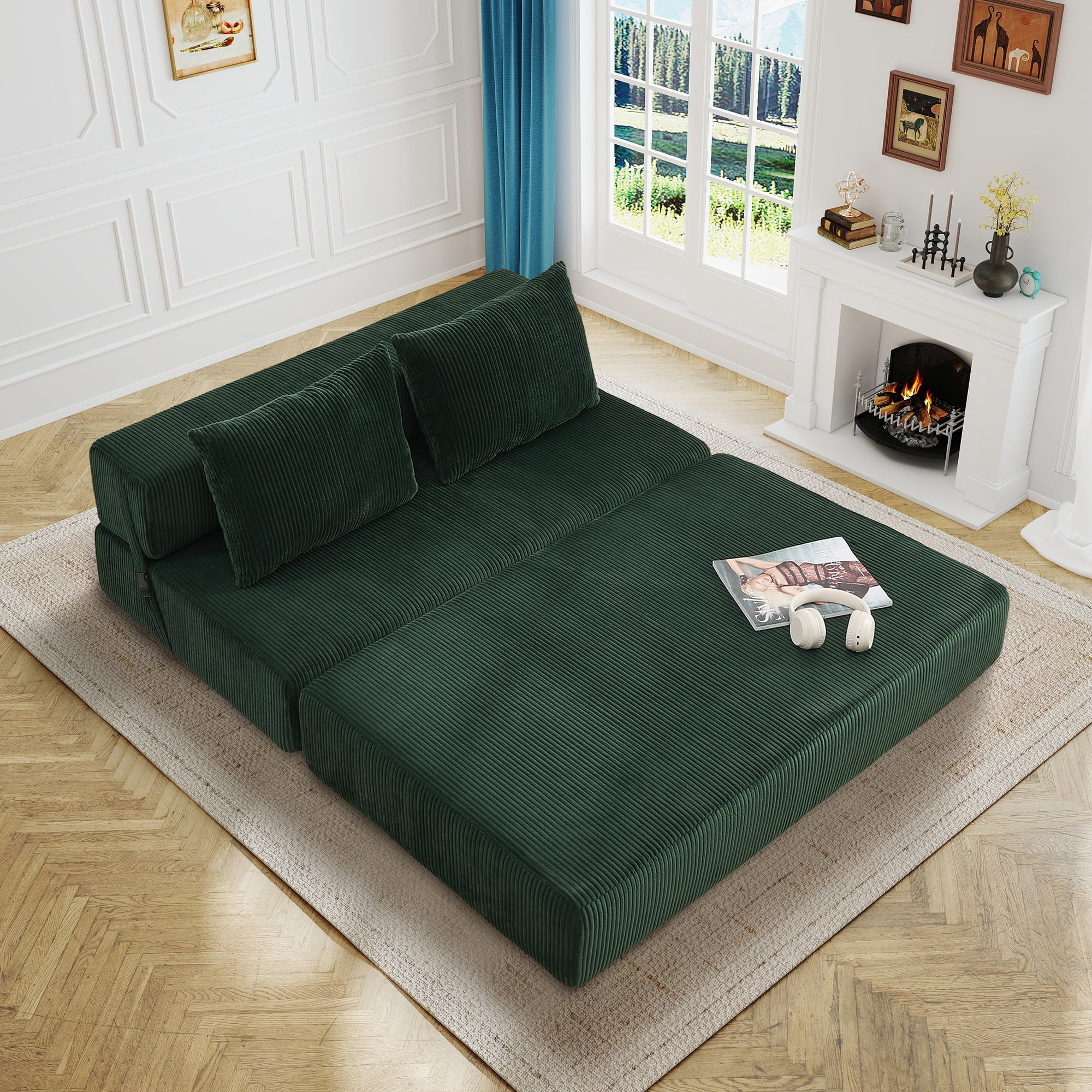 Aukfa Full Size Folding Sofa Bed, Loveseat Sleeper, Corduroy Convertible Floor Couch Mattress for Living Room, Dorm, Guest Room, Green