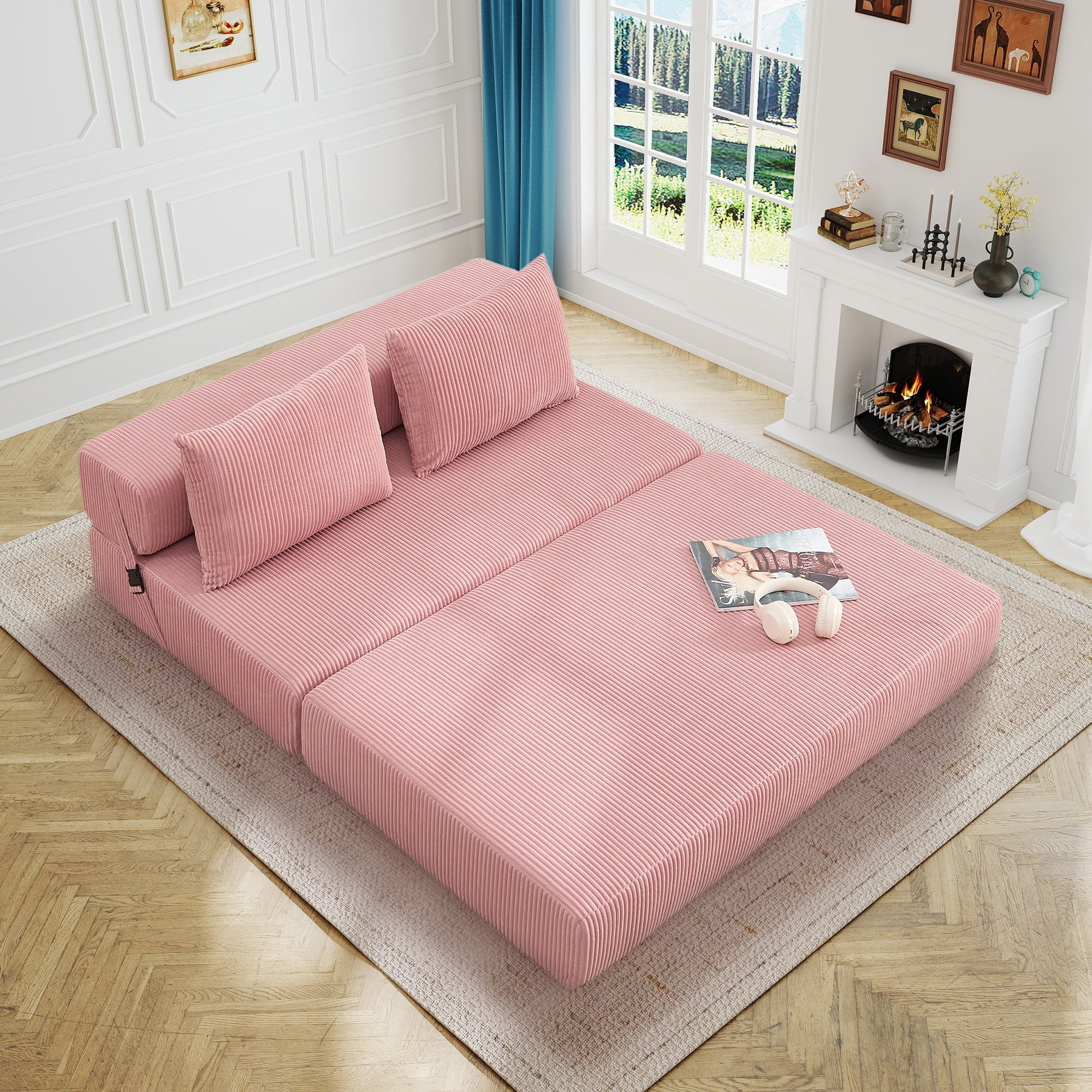 Aukfa Full Size Folding Sofa Bed, Loveseat Sleeper, Corduroy Convertible Floor Couch Mattress for Living Room, Dorm, Guest Room, Pink