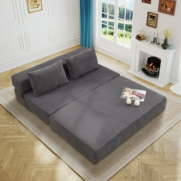 Aukfa Full Size Folding Sofa Bed, Loveseat Sleeper, Corduroy Convertible Floor Couch Mattress for Living Room, Dorm, Guest Room, Gray
