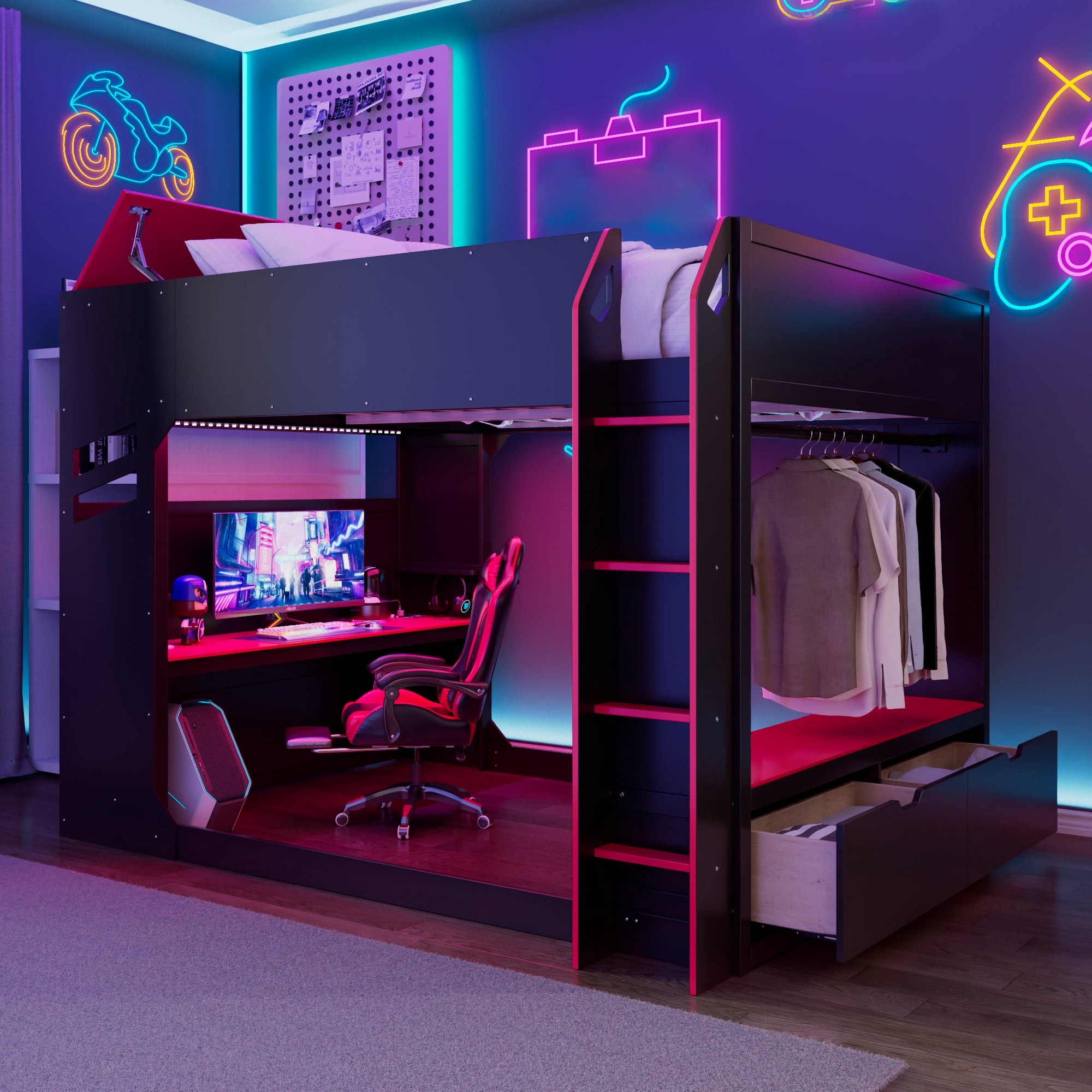 Aukfa Full Size Gamer Loft Bed with Adjustable Desk, RGB LED Lights, Drawers, Charging Station, Storage Compartments & Clothes Hanging Rod, Wooden Esports Bed, Red