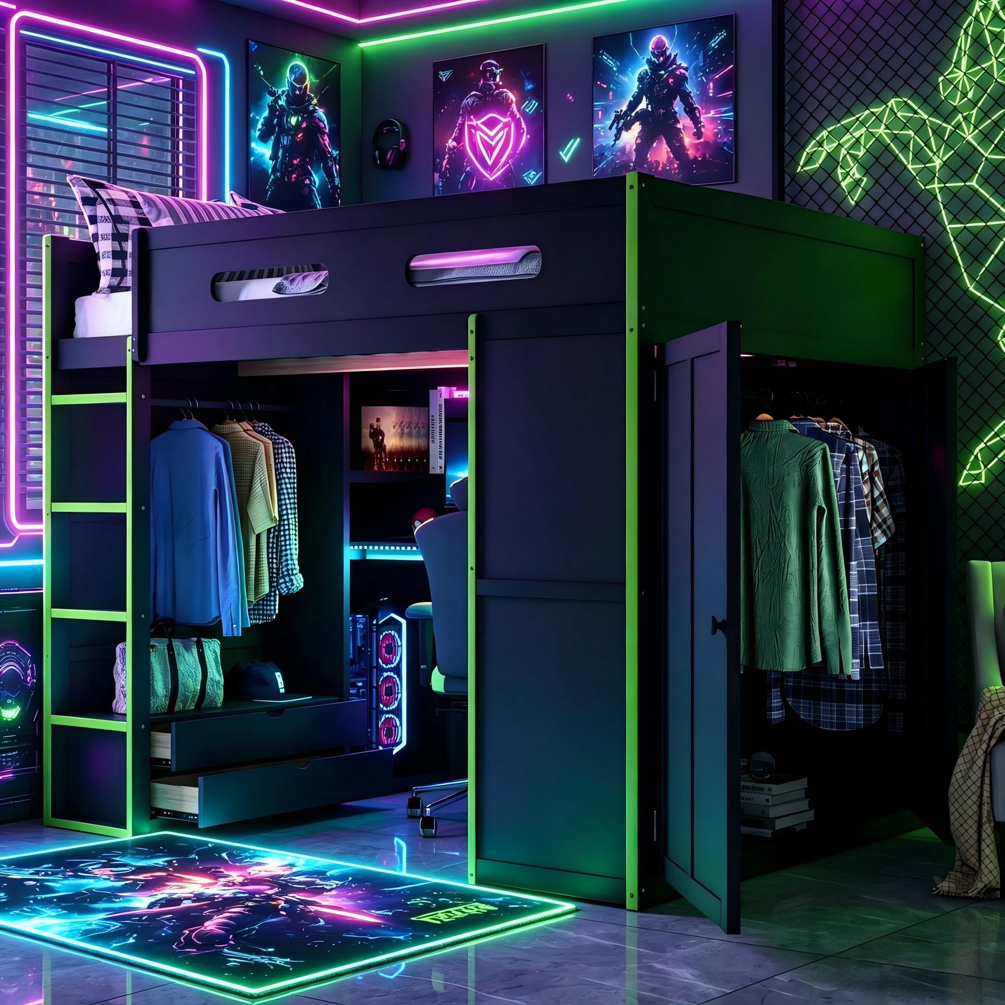Aukfa Full Size Gaming Loft Bed with Desk, Wardrobe & RGB LED Lights – Esports Loft Bed Frame with Charging Station, Storage Shelves, Space-Saving, Green