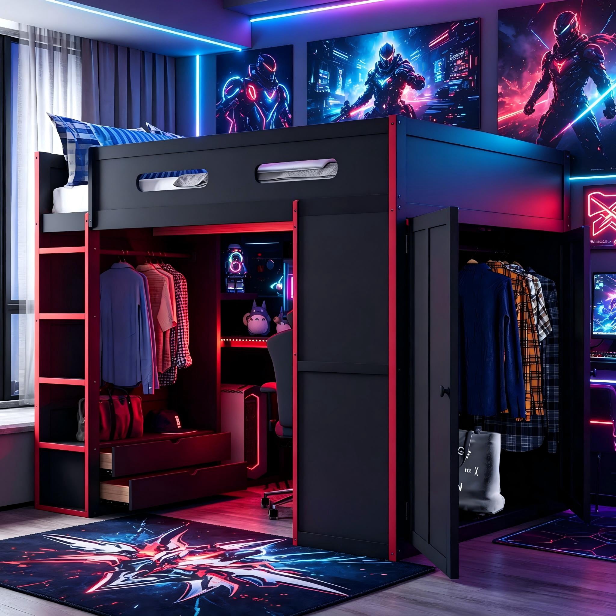 Aukfa Full Size Gaming Loft Bed with Desk, Wardrobe & RGB LED Lights – Esports Loft Bed Frame with Charging Station, Storage Shelves, Space-Saving, Red