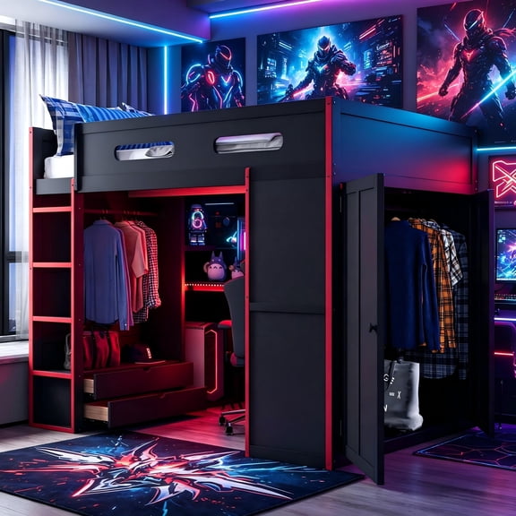 Aukfa Full Size Gaming Loft Bed with Desk, Wardrobe & RGB LED Lights – Esports Loft Bed Frame with Charging Station, Storage Shelves, Space-Saving, Red