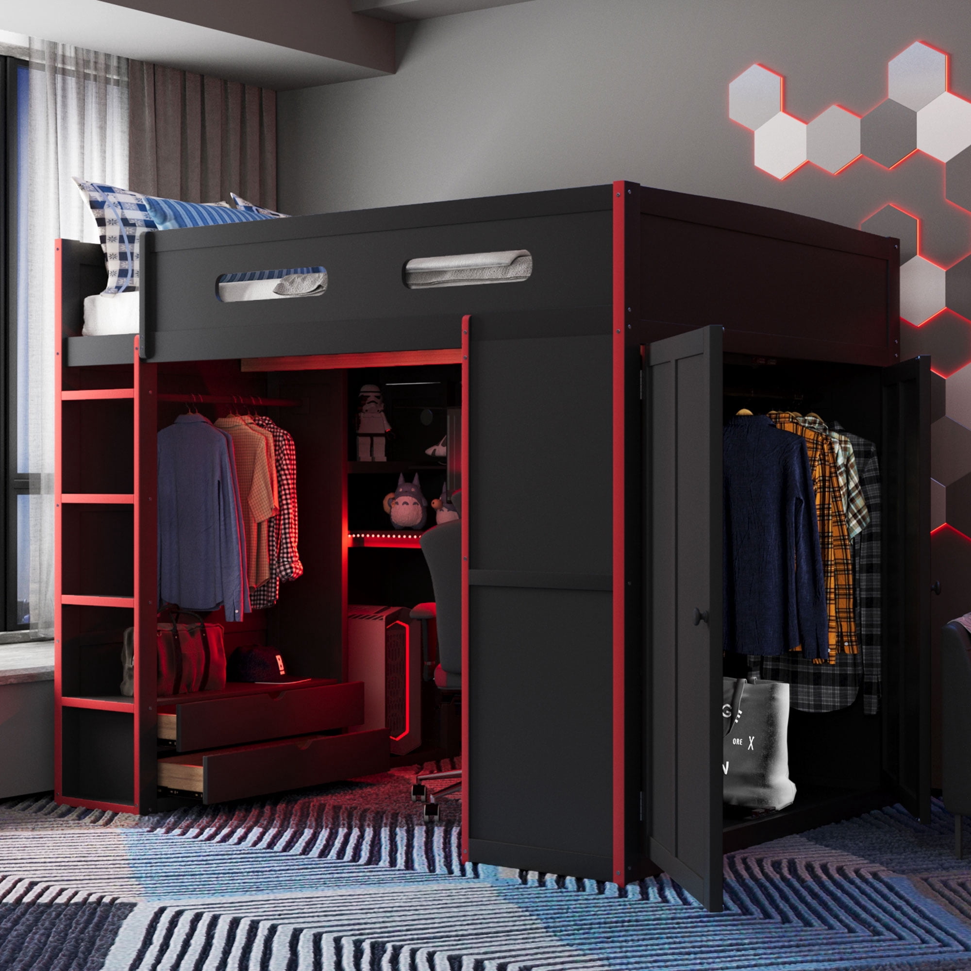 Aukfa Full Size Gaming Loft Bed, Esports Bed Frame with Desk, Wardrobe, RGB LED Lights & Charging Station, Shelves, Red