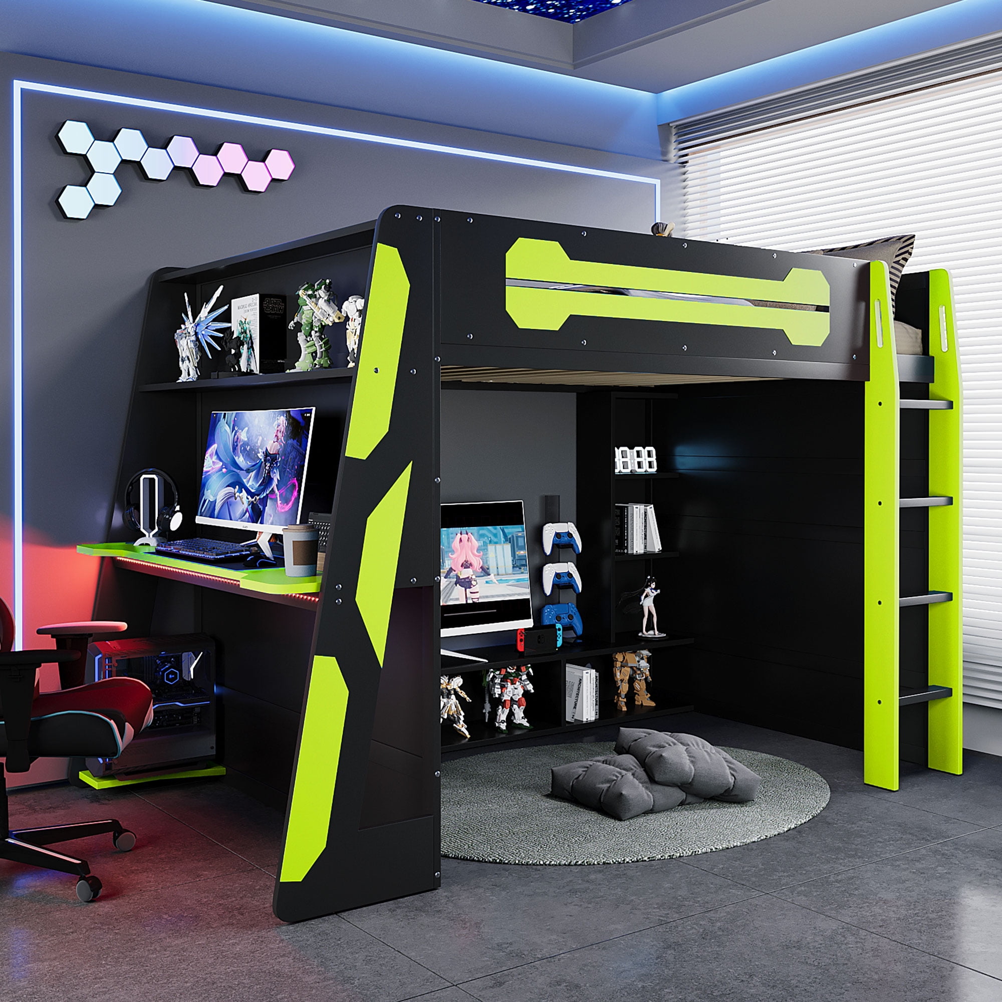 Aukfa Full Size Gaming Loft Bed for Teens, Wood Esports Bed Frame with Desk, LED Lights, Charging Station & Storage Shelves, Green