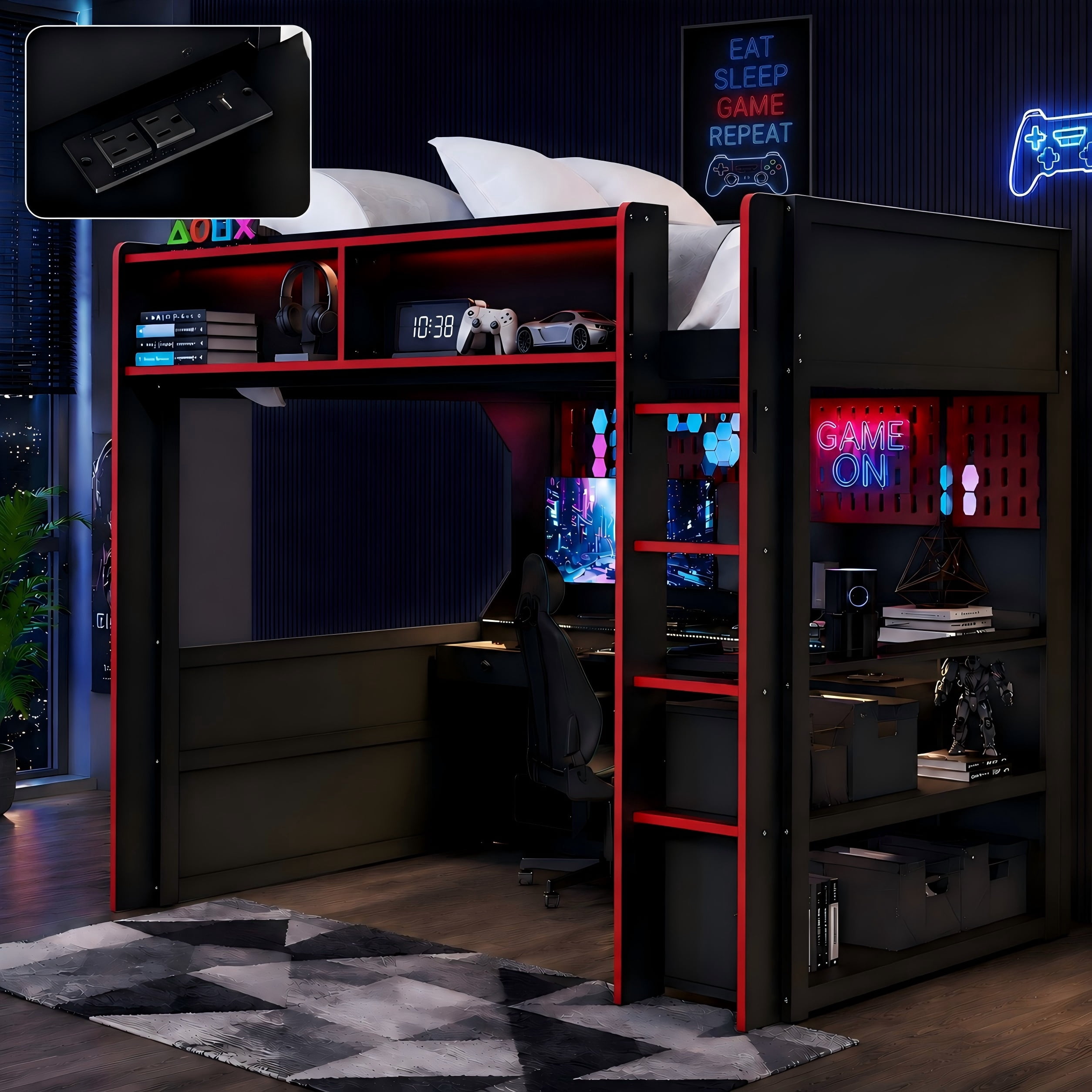Aukfa Full Size Gaming Loft Bed with Desk, LED Lights, Charging Station & Storage Shelves/Cabinet, Wooden Bed Frame for Kids, Black/Red